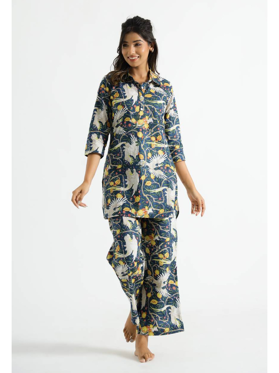 

FLAVIA CREATION Floral Printed Pure Cotton Shirt Collar Tunic & Trousers, Blue