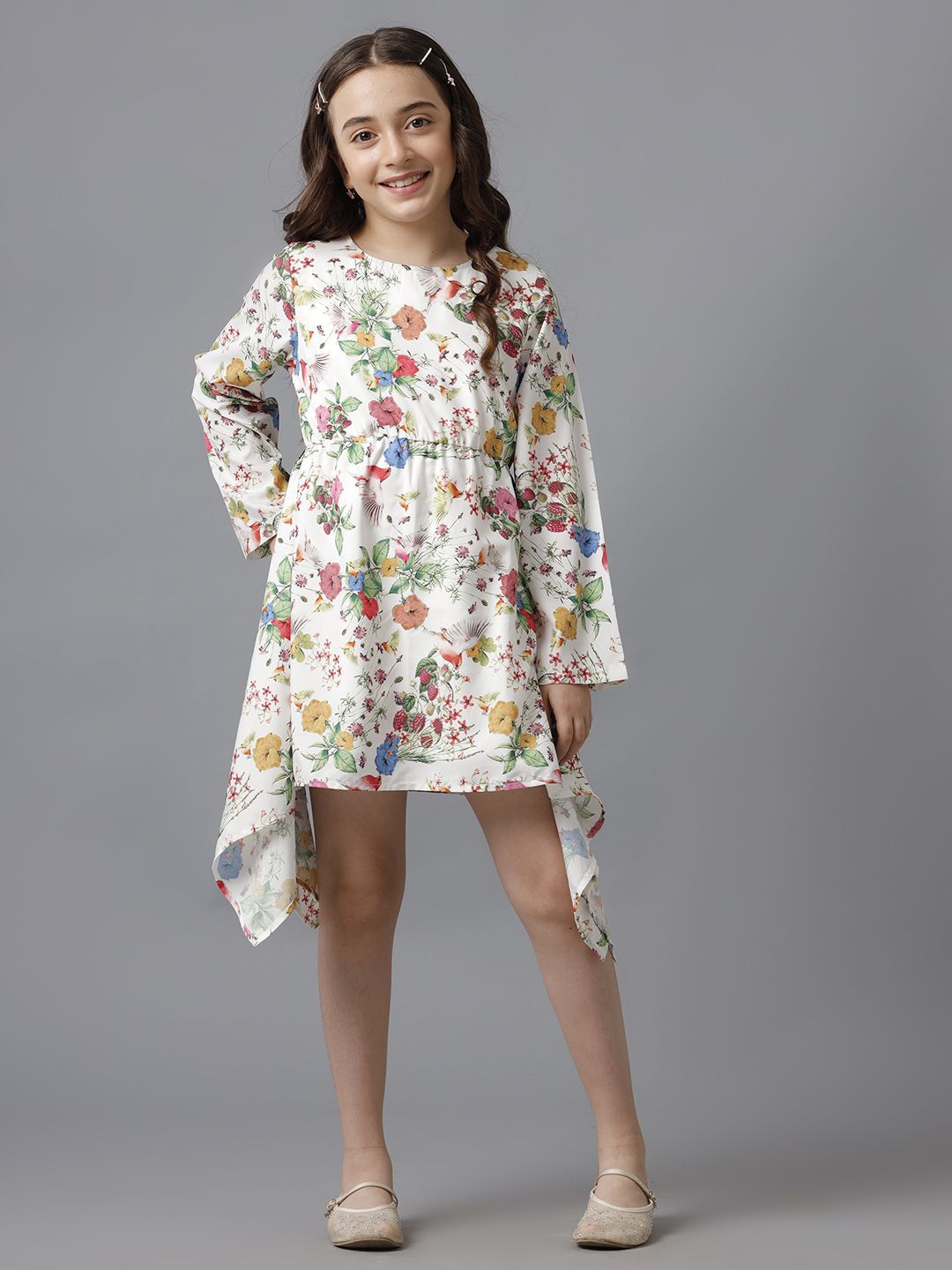 

UNDER FOURTEEN ONLY Floral Print Flared Sleeve Fit & Flare Dress, White