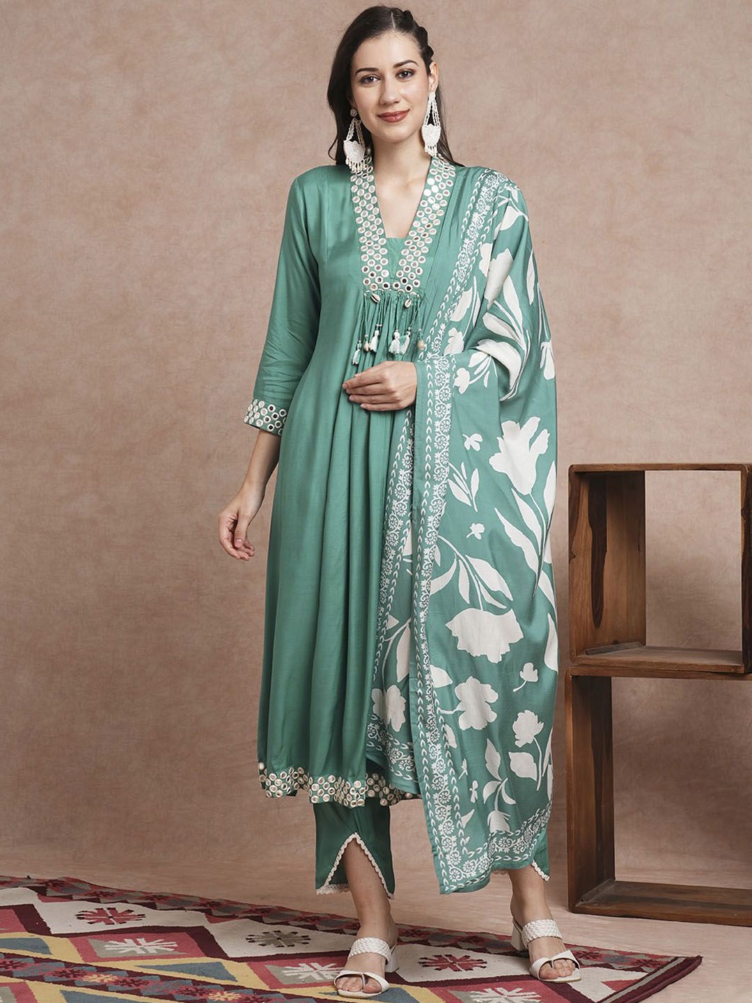 

FASHOR Sea Green Geometric Embroidered Mirror Work A-Line Kurta with Trousers & Dupatta