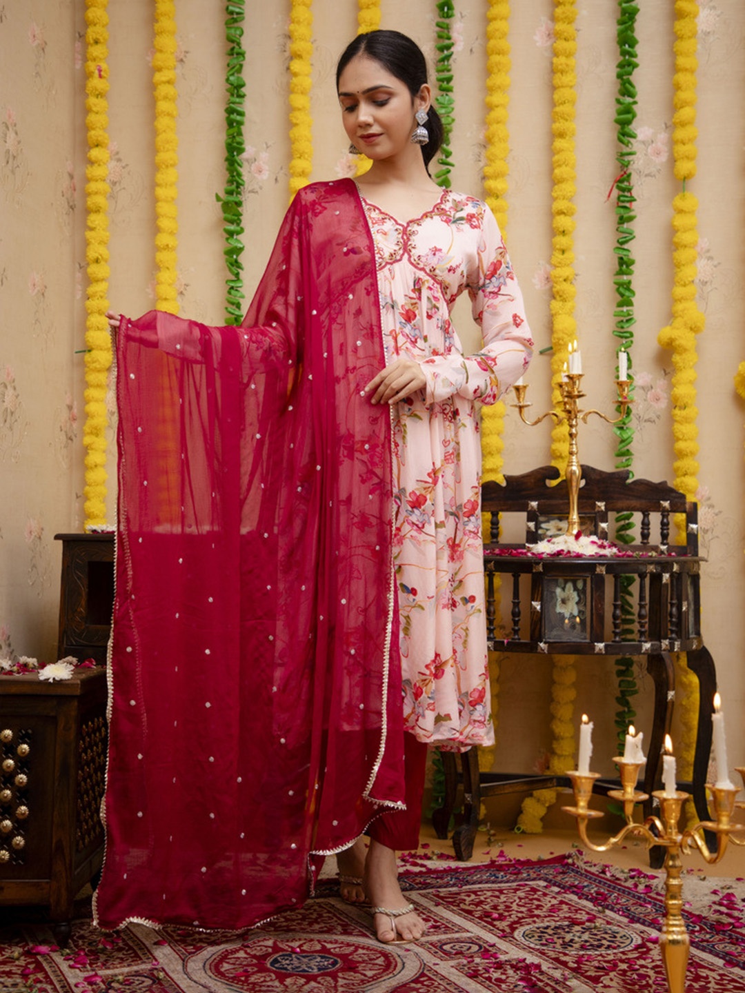 

Chandbaali Floral Embroidered Regular Beads & Stones A-Line Kurta with Trousers & Dupatta, Peach
