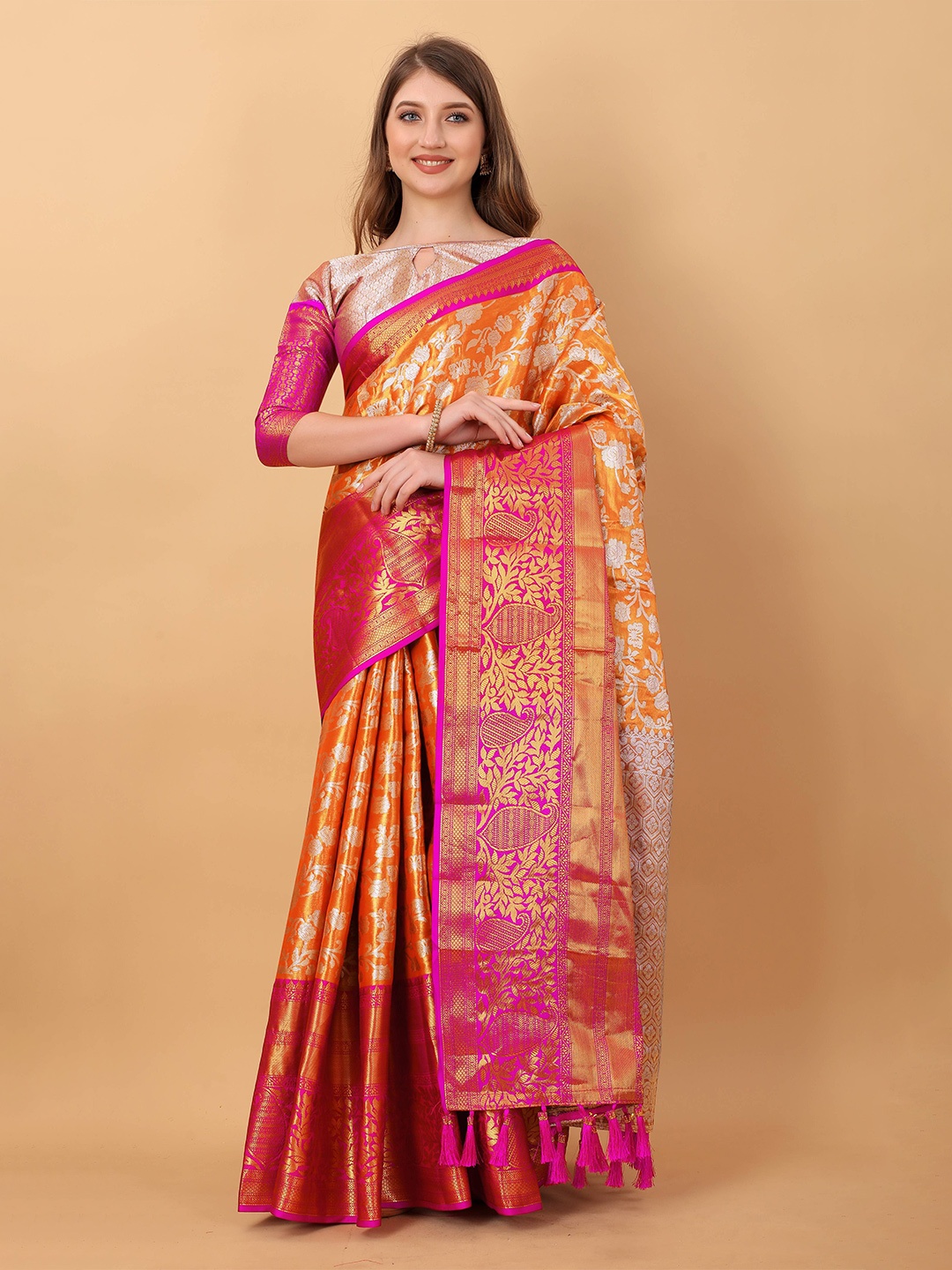 

Zeekha Woven Design Zari Pure Silk Kanjeevaram Saree, Orange