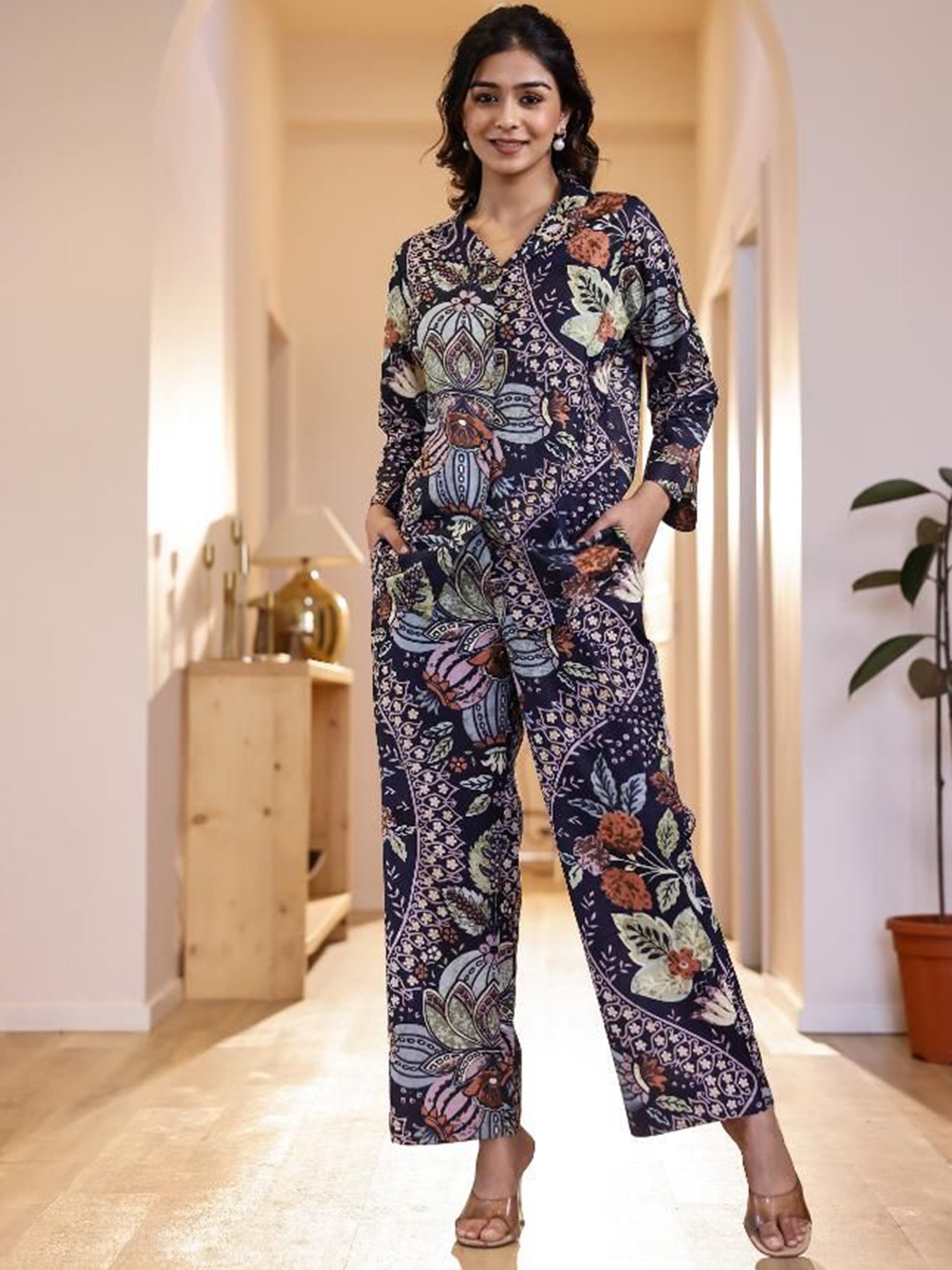 

FLAVIA CREATION Printed Pure Cotton Top With Trousers, Blue