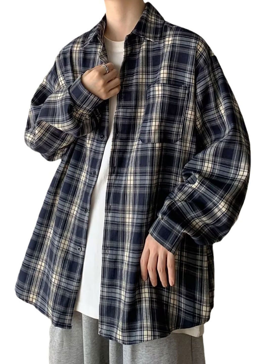 

StyleCast Men Spread Collar Tartan Checked Cotton Linen Casual Shirt, Blue