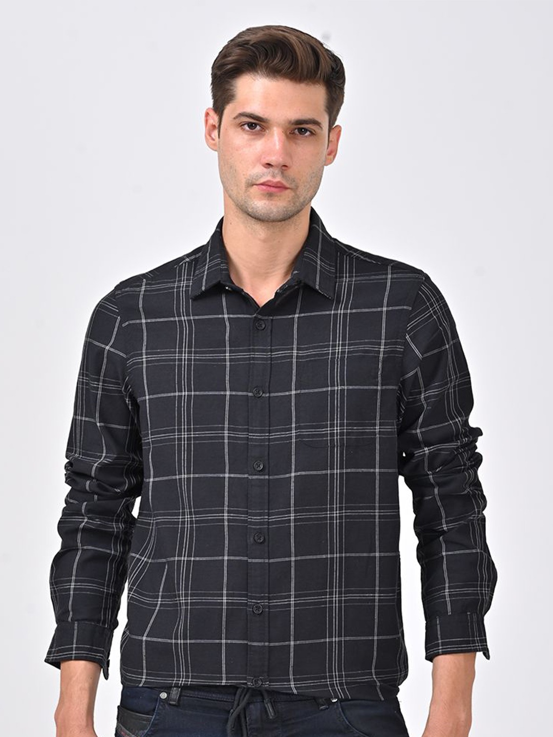 

POE Men Smart Slim Fit Opaque Checked Casual Shirt, Black