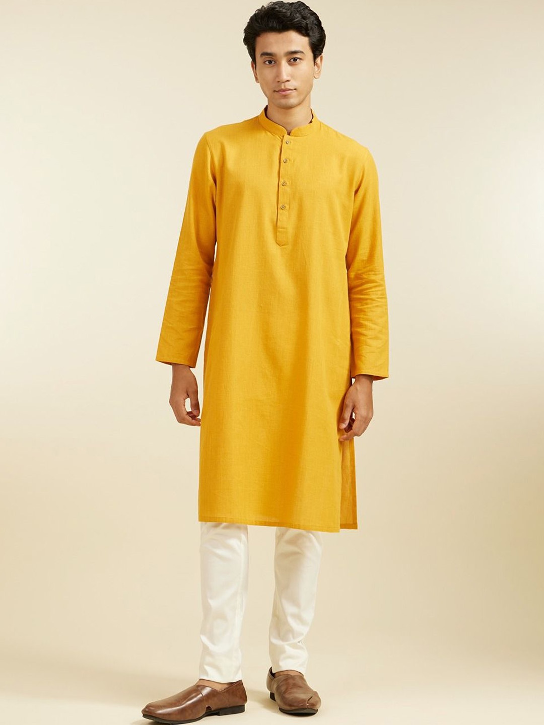 

Diwas by Manyavar Mandarin Collar Cotton Straight Kurta, Mustard
