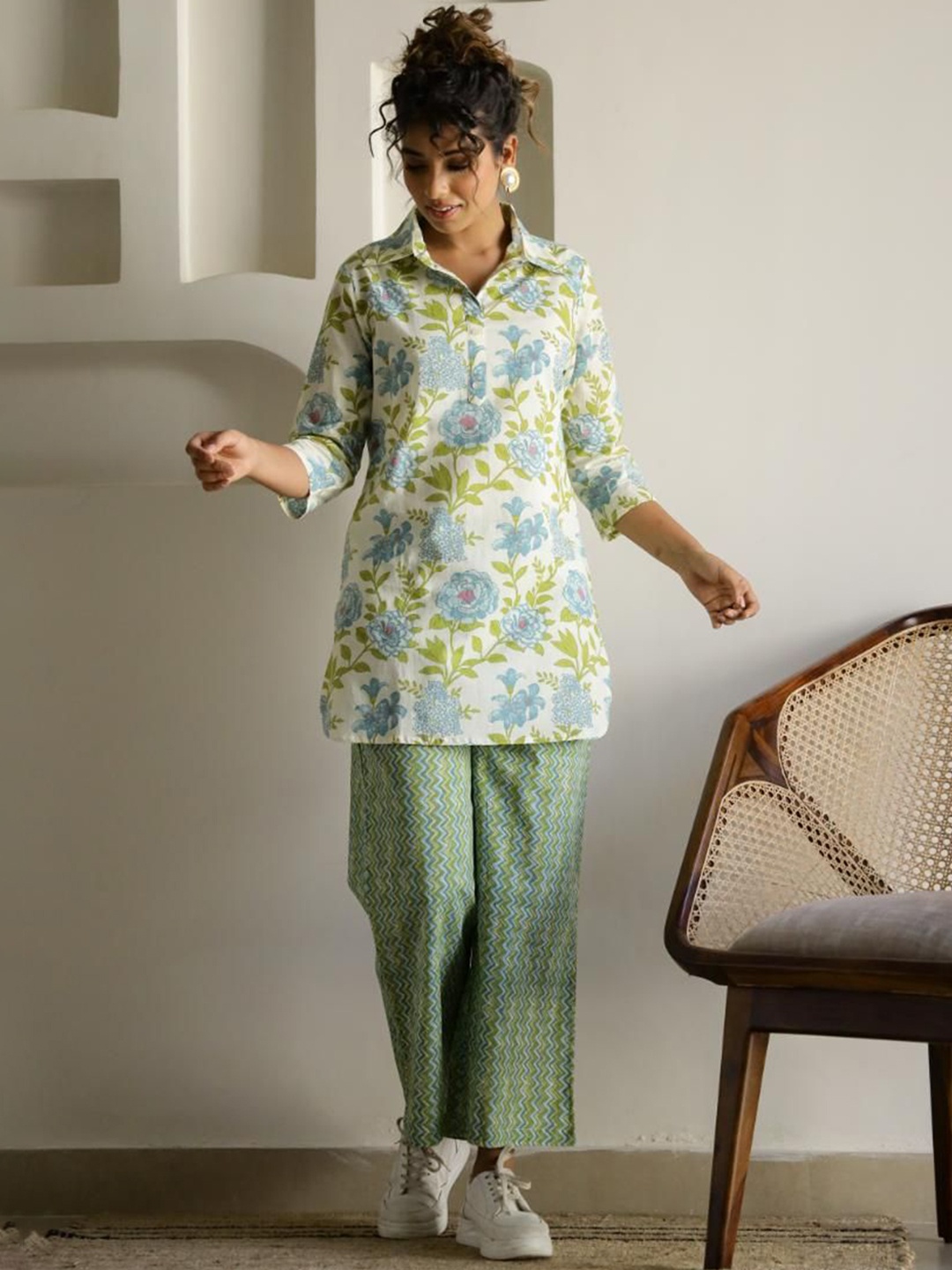 

FLAVIA CREATION Floral Printed Pure Cotton Top & Trouser, Green