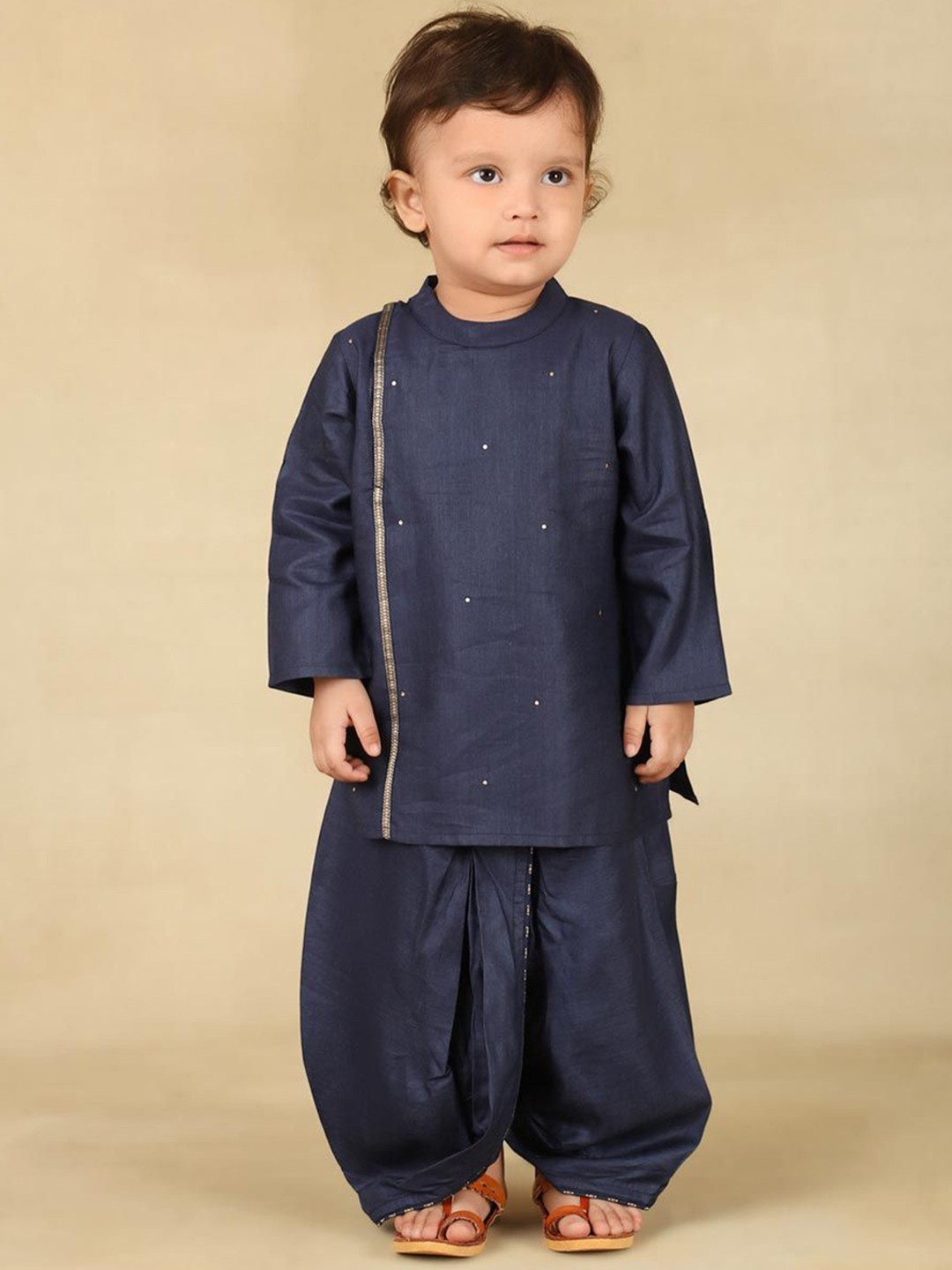 

Fabindia Boys Mandarin Collar Sequinned Straight Kurta with Dhoti Pants, Navy blue