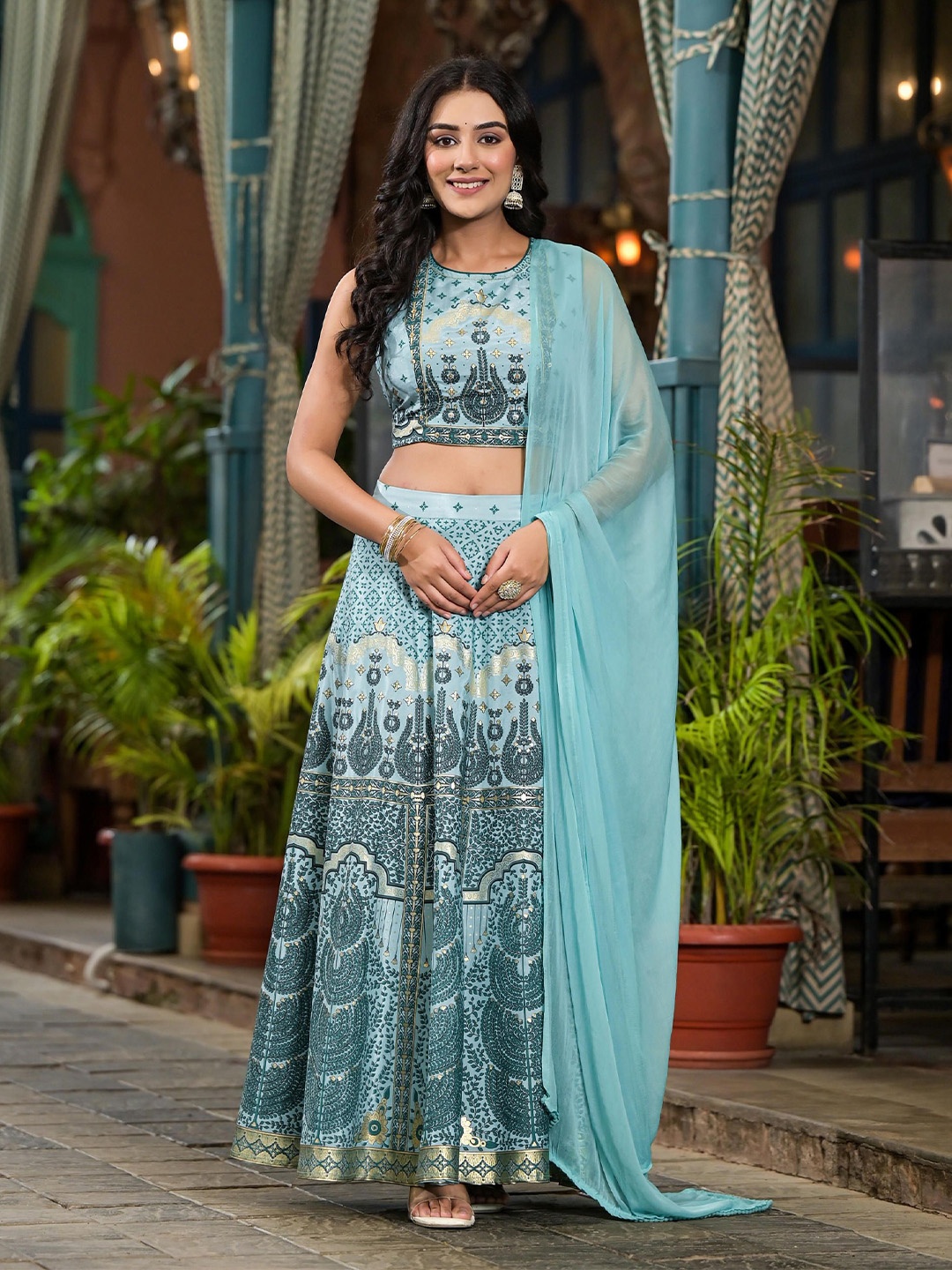 

Juniper Blue Printed Sequinned Satin Ready to Wear Lehenga & Blouse With Dupatta