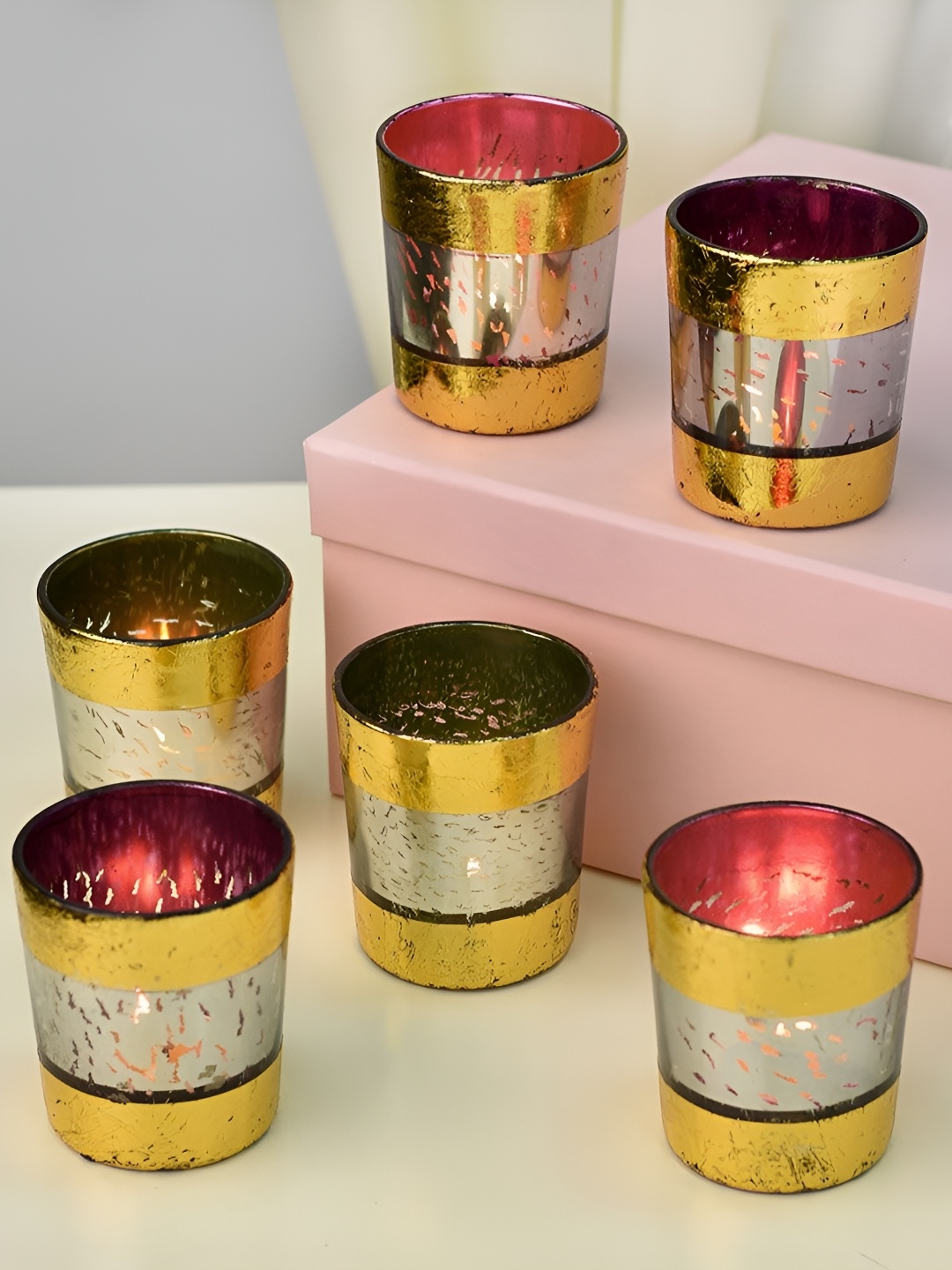 

Indianshelf Gold Toned & Silver Toned 6 Pieces Colorblocked Glass Candle Holders