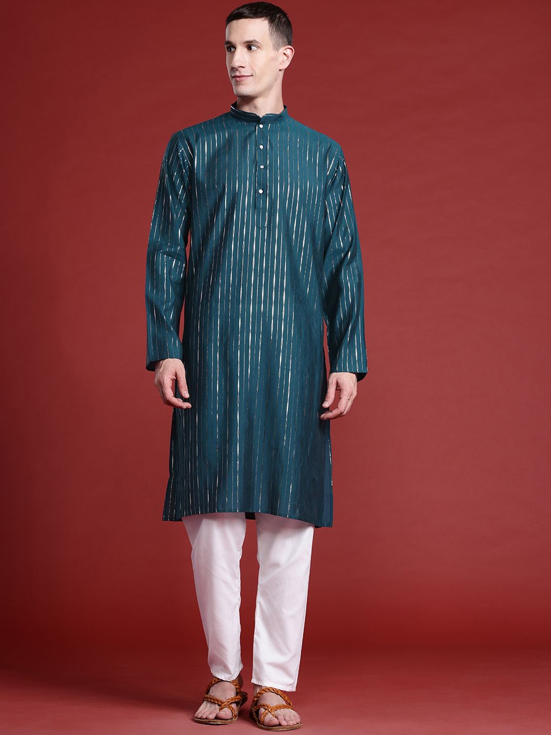 

MANQ Striped Thread Work Mandarin Collar Pure Cotton Straight Kurta, Teal