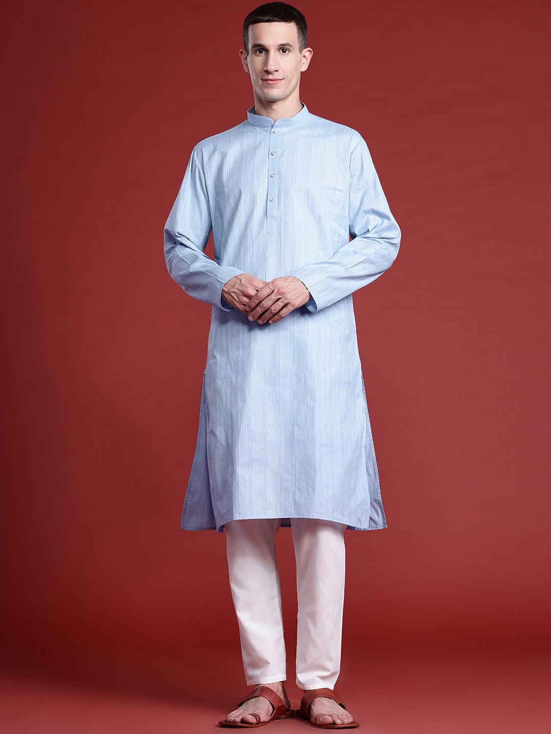 

MANQ Striped Mandarin Collar Pure Cotton Straight Kurta, Blue