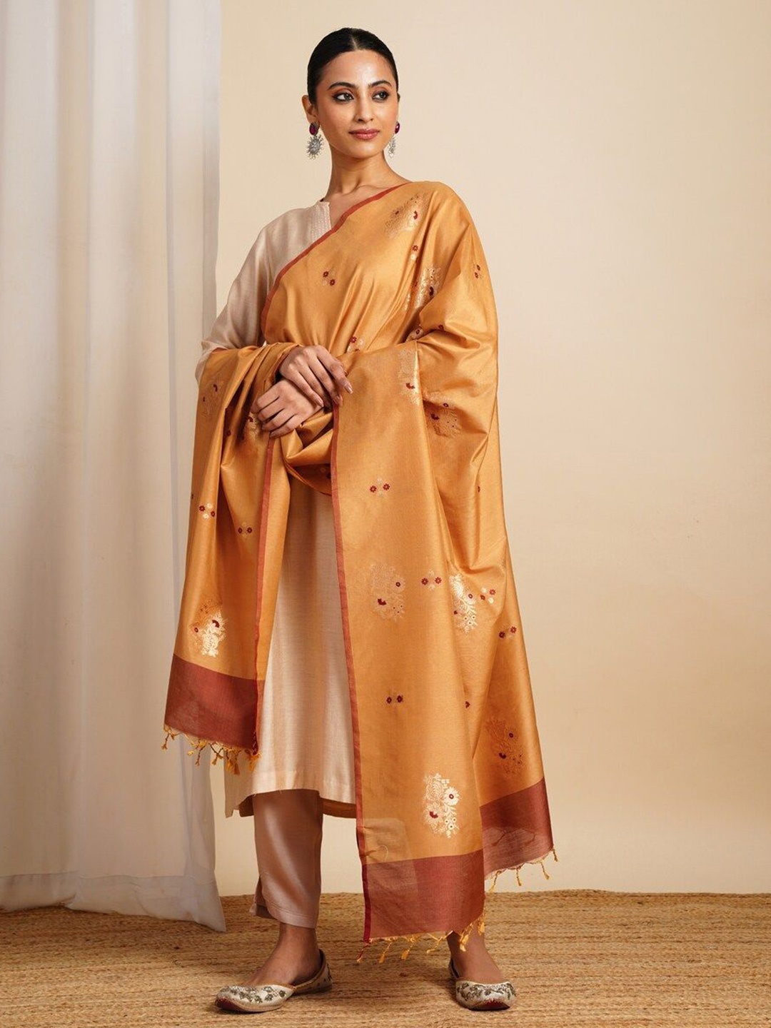 

JAYPORE Woven Design Cotton Silk Dupatta, Mustard