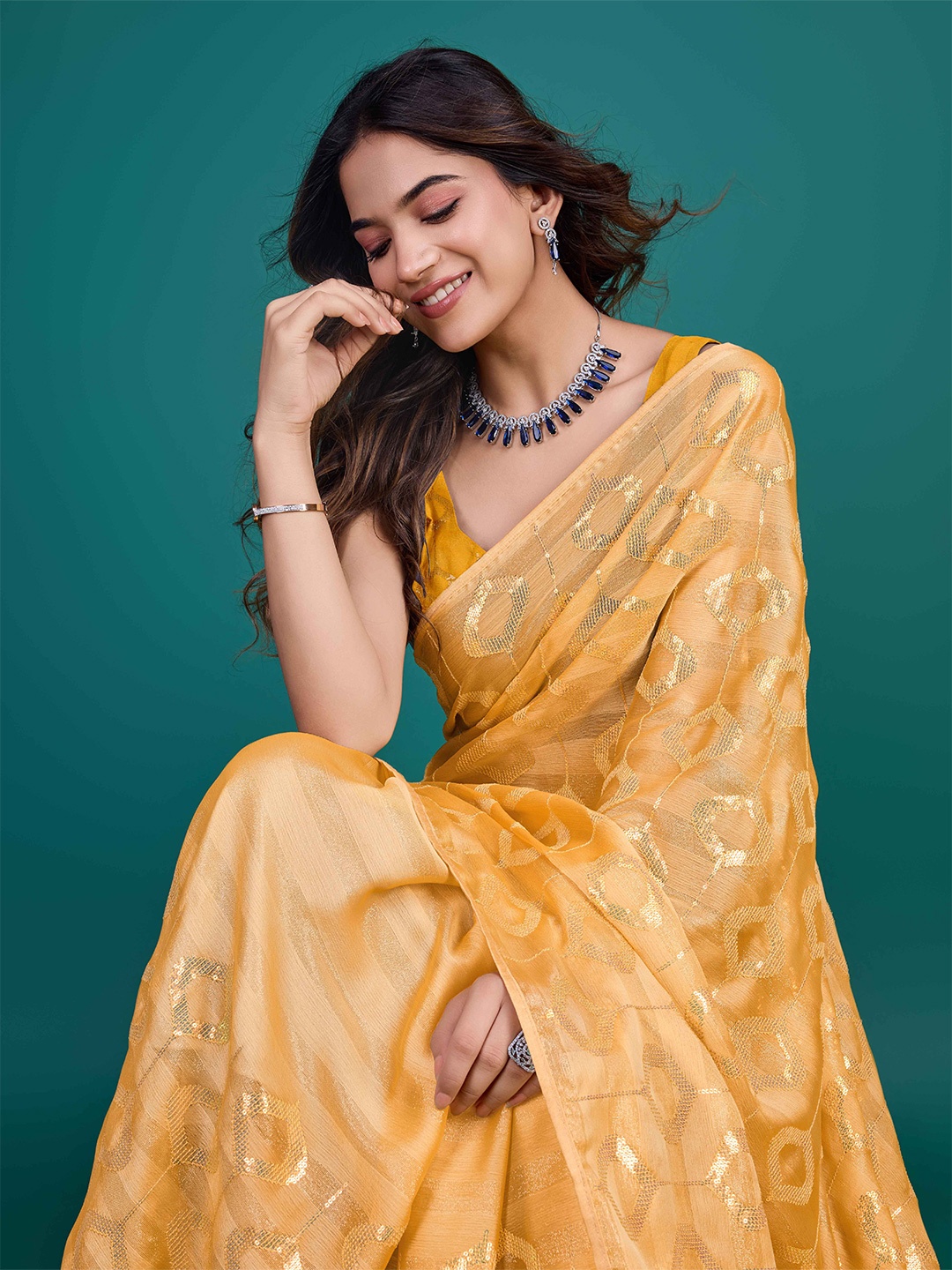 

Mitera Embellished Sequinned Poly Chiffon Saree, Yellow