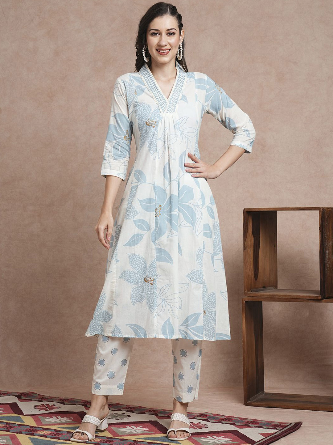 

FASHOR Floral Printed Sequinned Pure Cotton A-Line Kurta With Trousers, Off white
