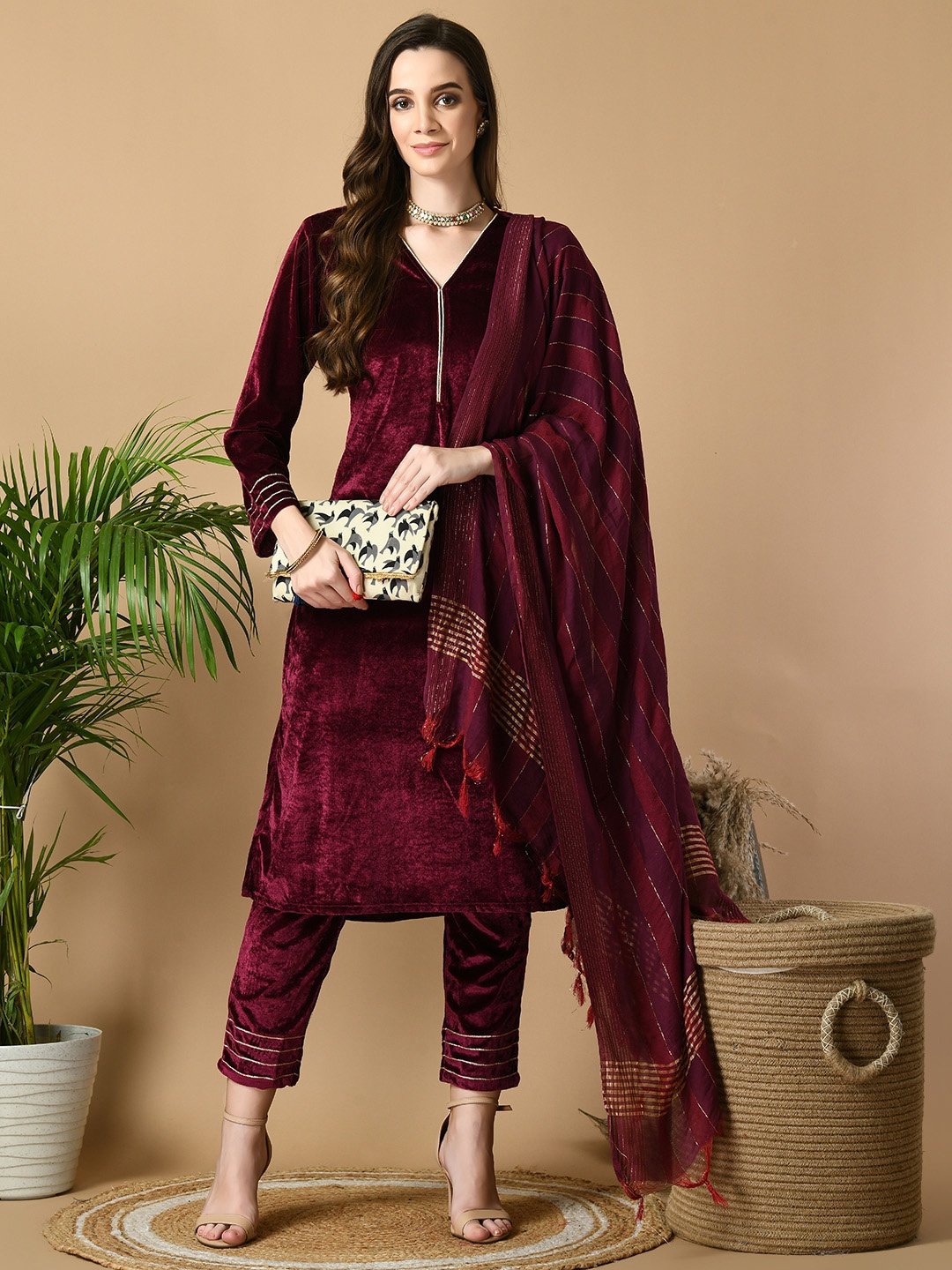 

Sangria Magenta V-Neck Velvet Straight Kurta With Trousers With Dupatta