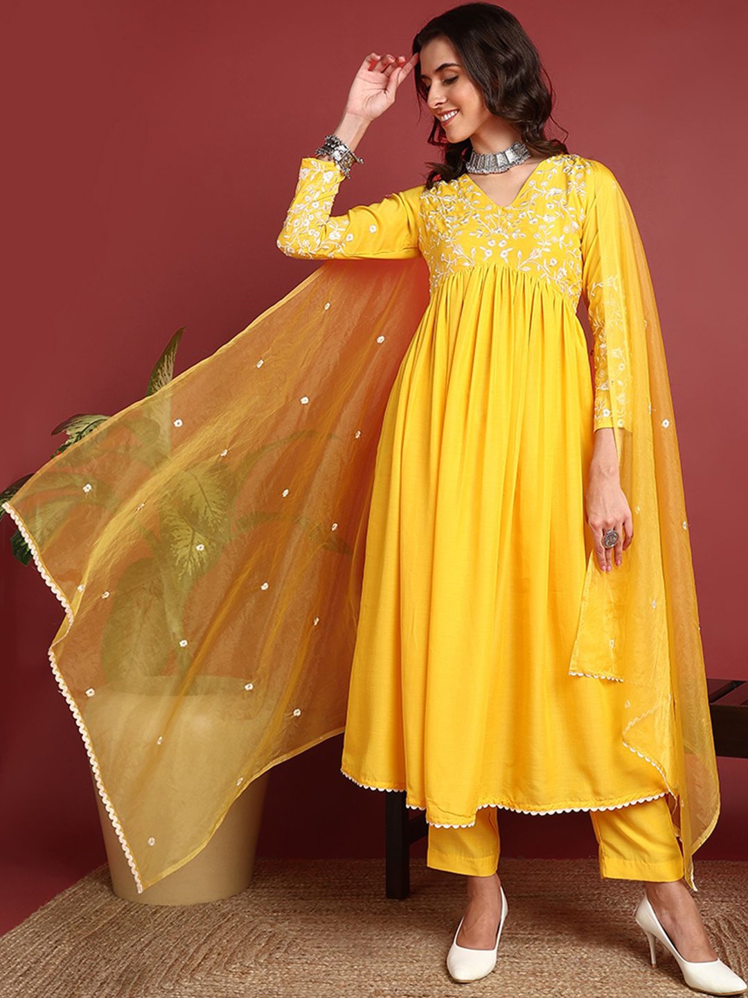 

KALINI Women Ethnic Motifs Embroidered Empire Thread Work Kurta with Trousers & With Dupatta, Yellow