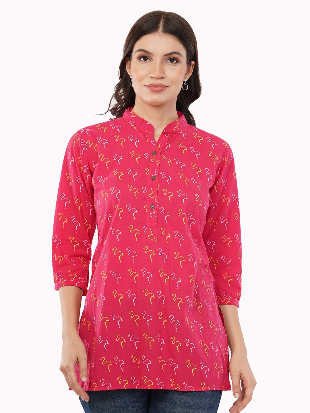 

Linen Options Women Mandarin Collar Cotton Tunic, Pink