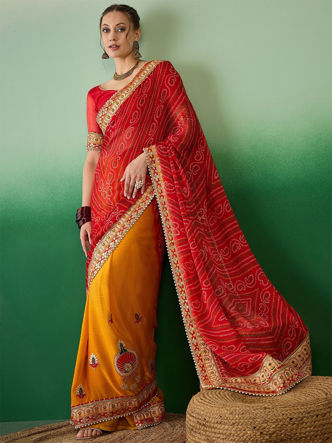 

Mitera Bandhani Embroidered Pure Chiffon Half and Half Bandhani Saree with blouse piece, Yellow