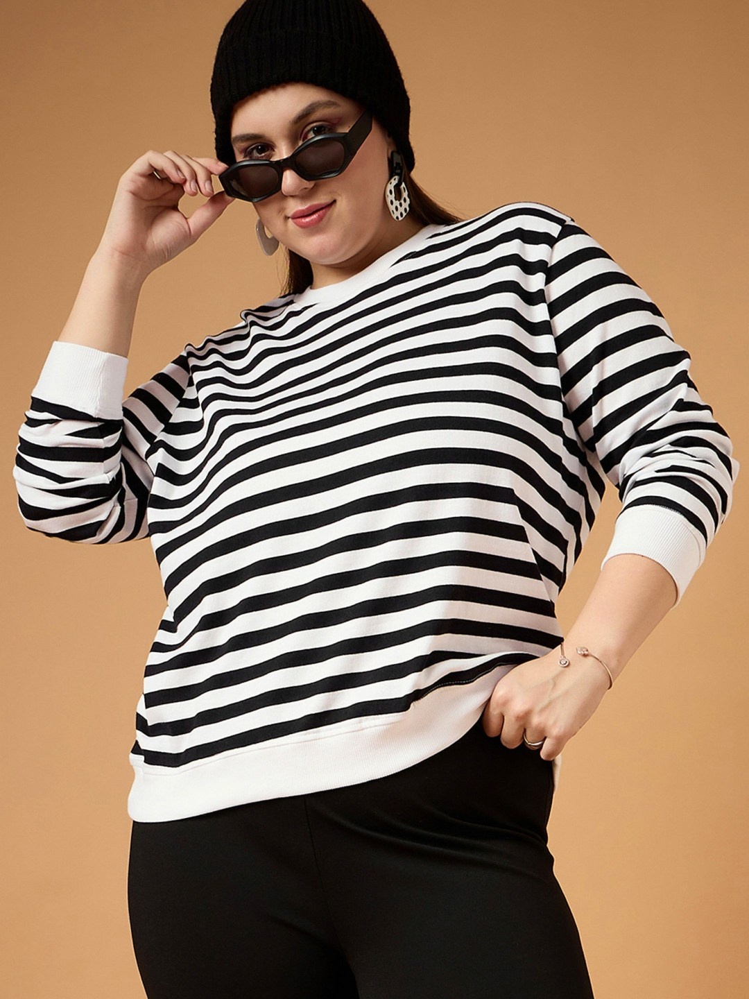 

SASSAFRAS Curve Women Striped Round Neck Cotton Plus Size T-shirt, Black