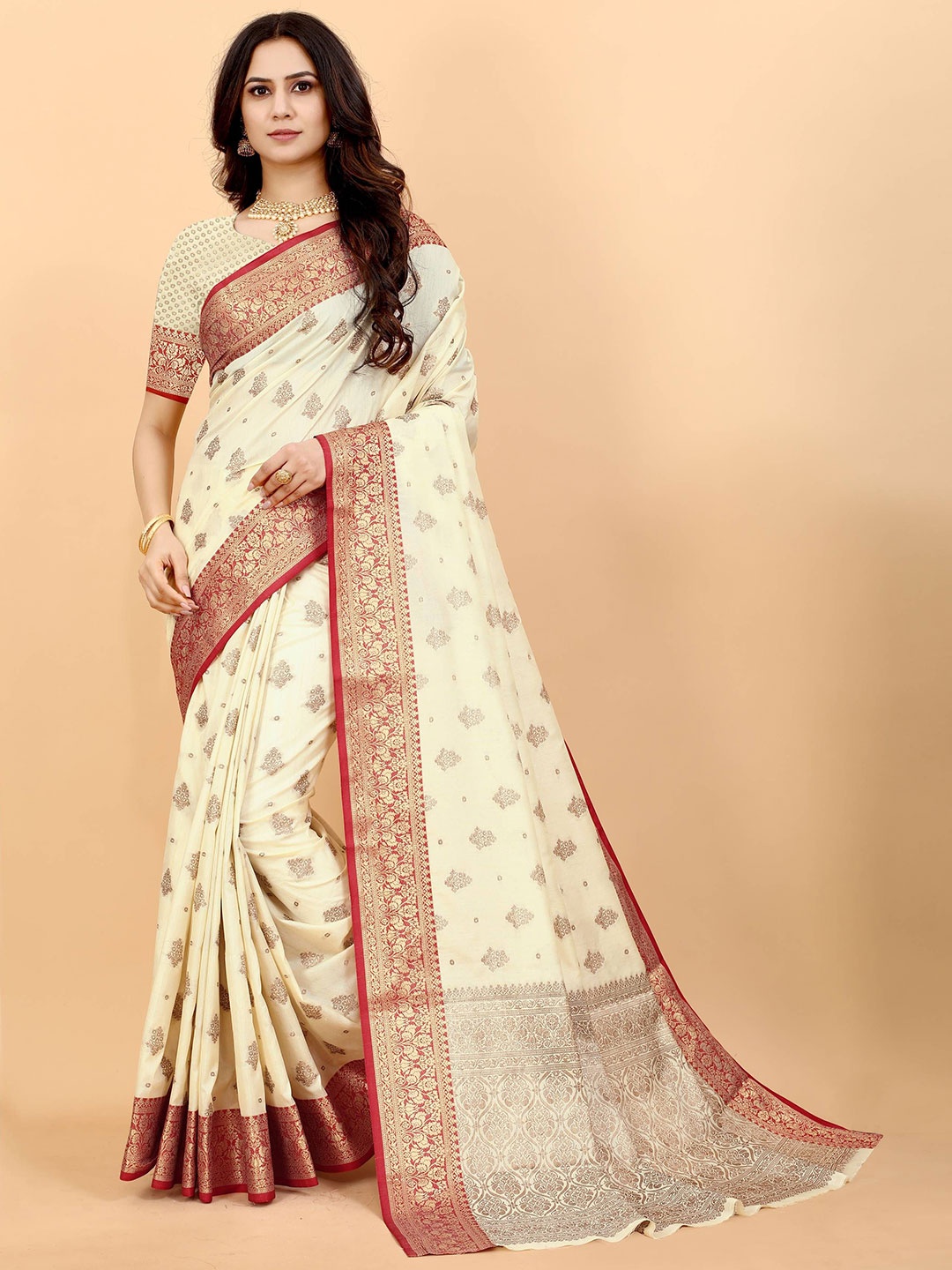 

Zeekha Woven Design Zari Pure Silk Kanjeevaram Saree, Cream