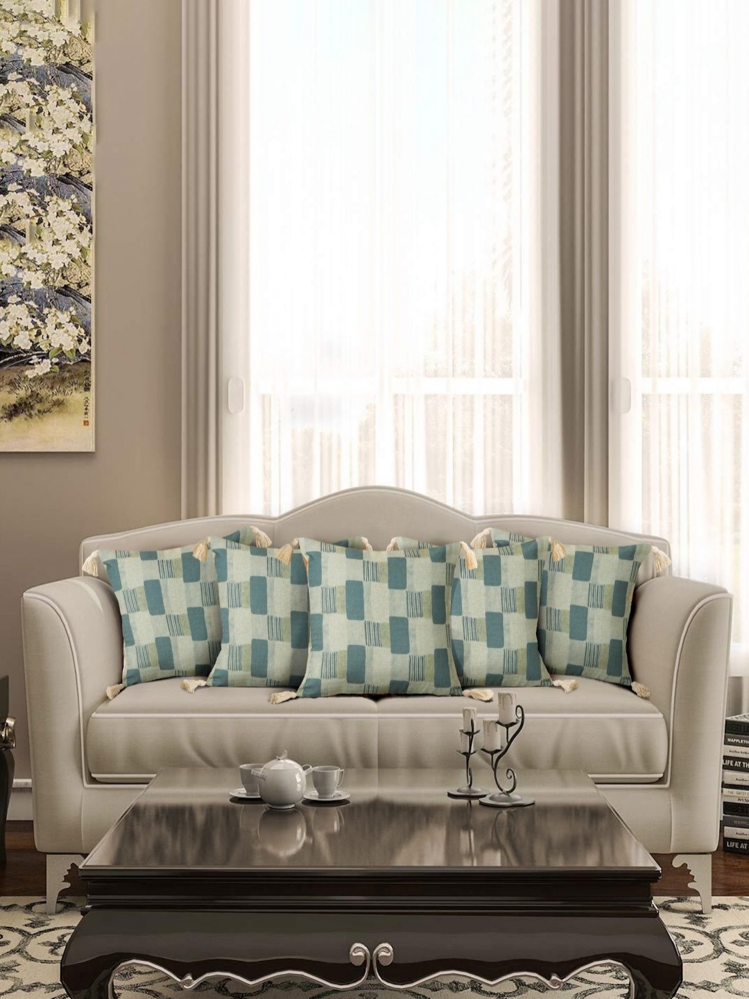 

eyda Off White & Green 5 Pieces Printed Tasselled Cushion Covers