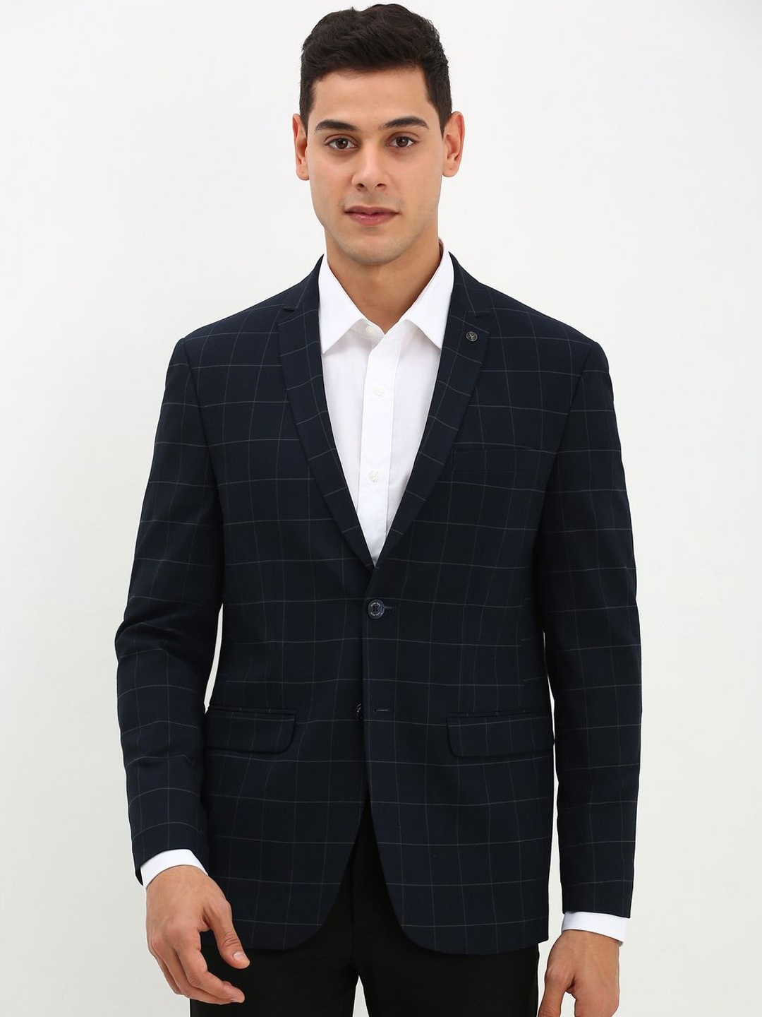 

Allen Solly Slim-Fit Checked Single-Breasted Formal Blazer, Navy blue