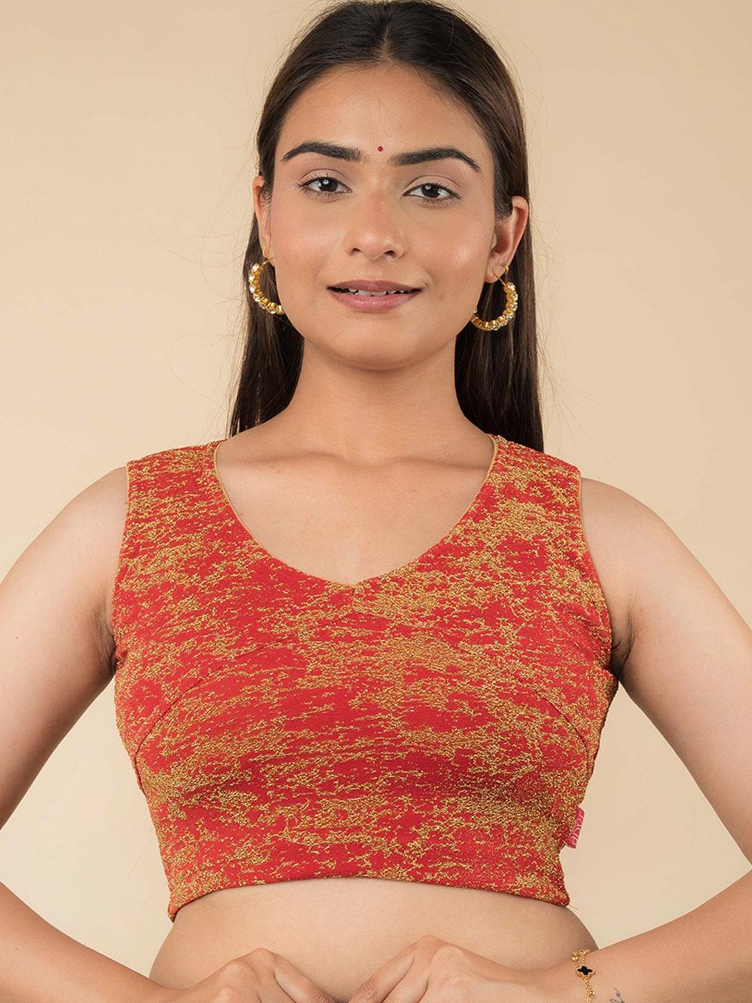 

Bindigasm's Advi Zari Embellished Sleeveless Stretchable Saree Blouse, Red