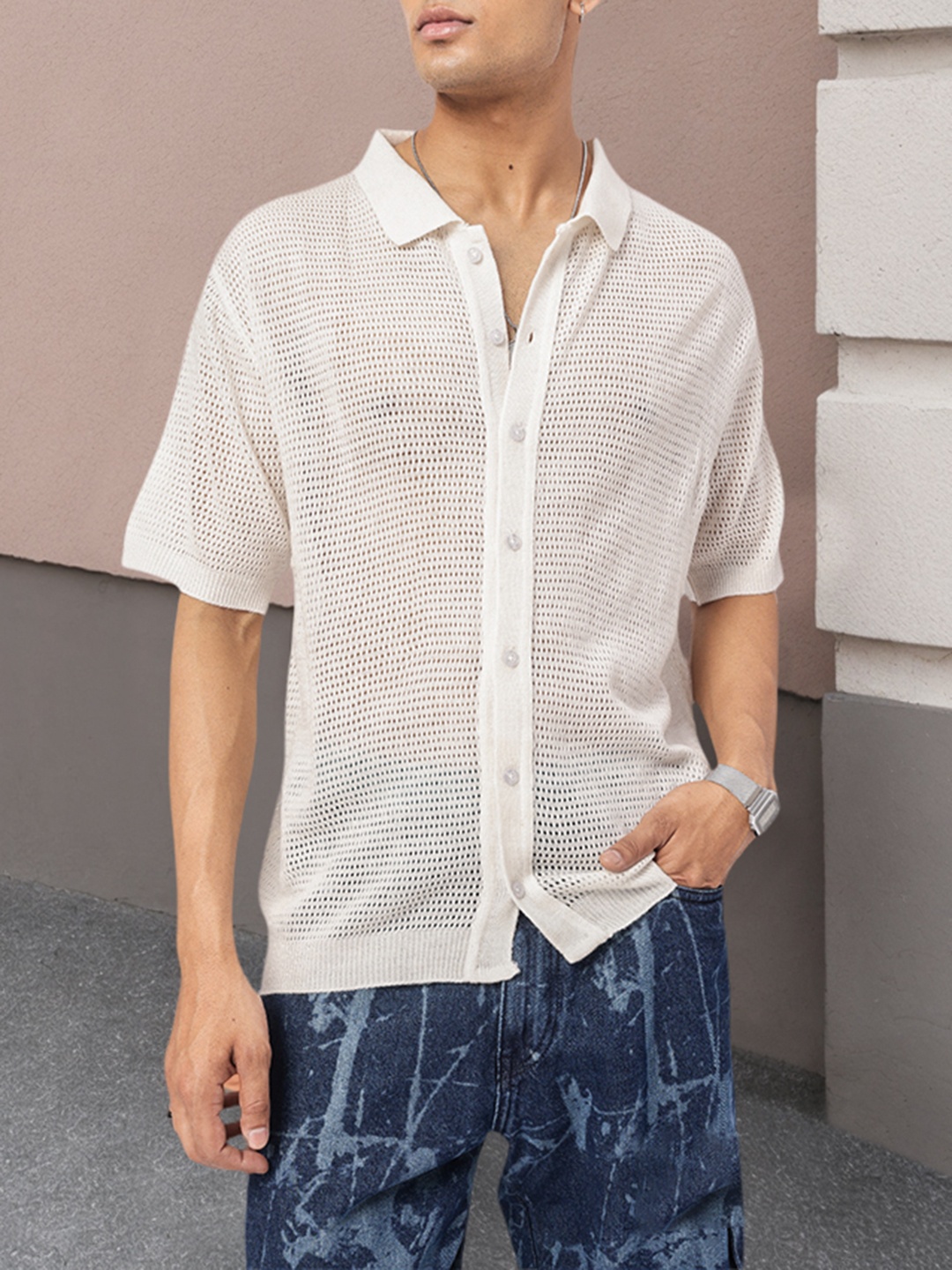 

Kook N Keech Knit Fusion Semi-Sheer Oversized Shirt, White