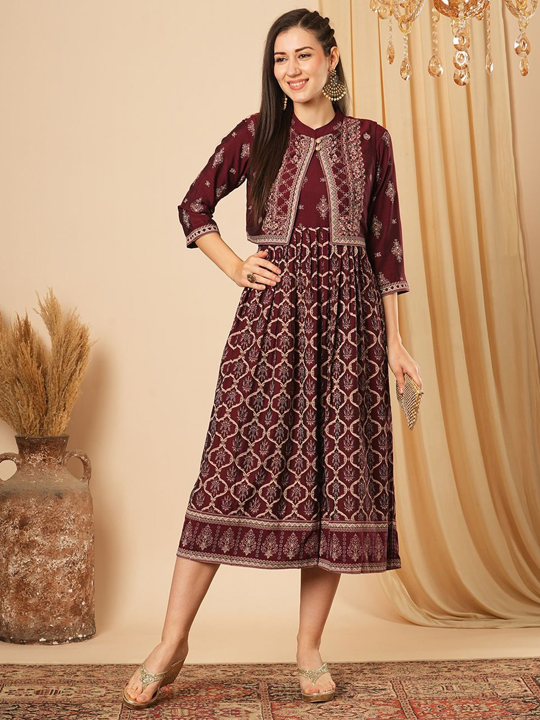 

Globus Ethnic Printed A-Line Midi Ethnic Dress With Sleeveless Detachable Koti, Maroon