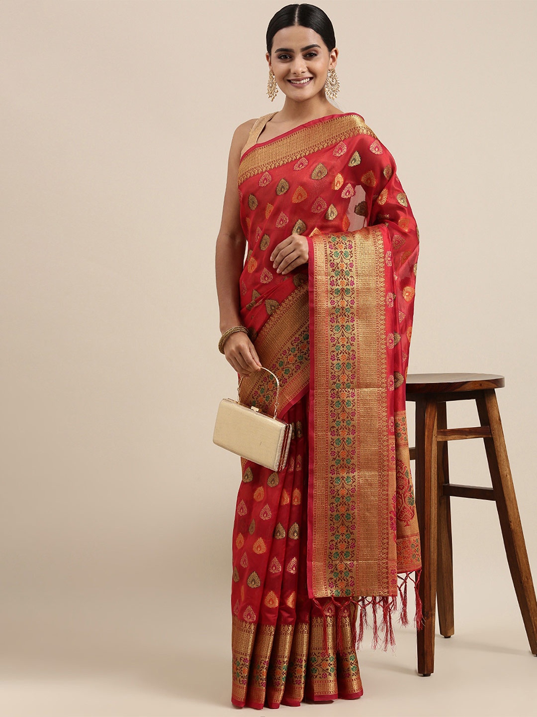 

MAHALASA Ethnic Motifs Zari Organza Kanjeevaram Saree, Red