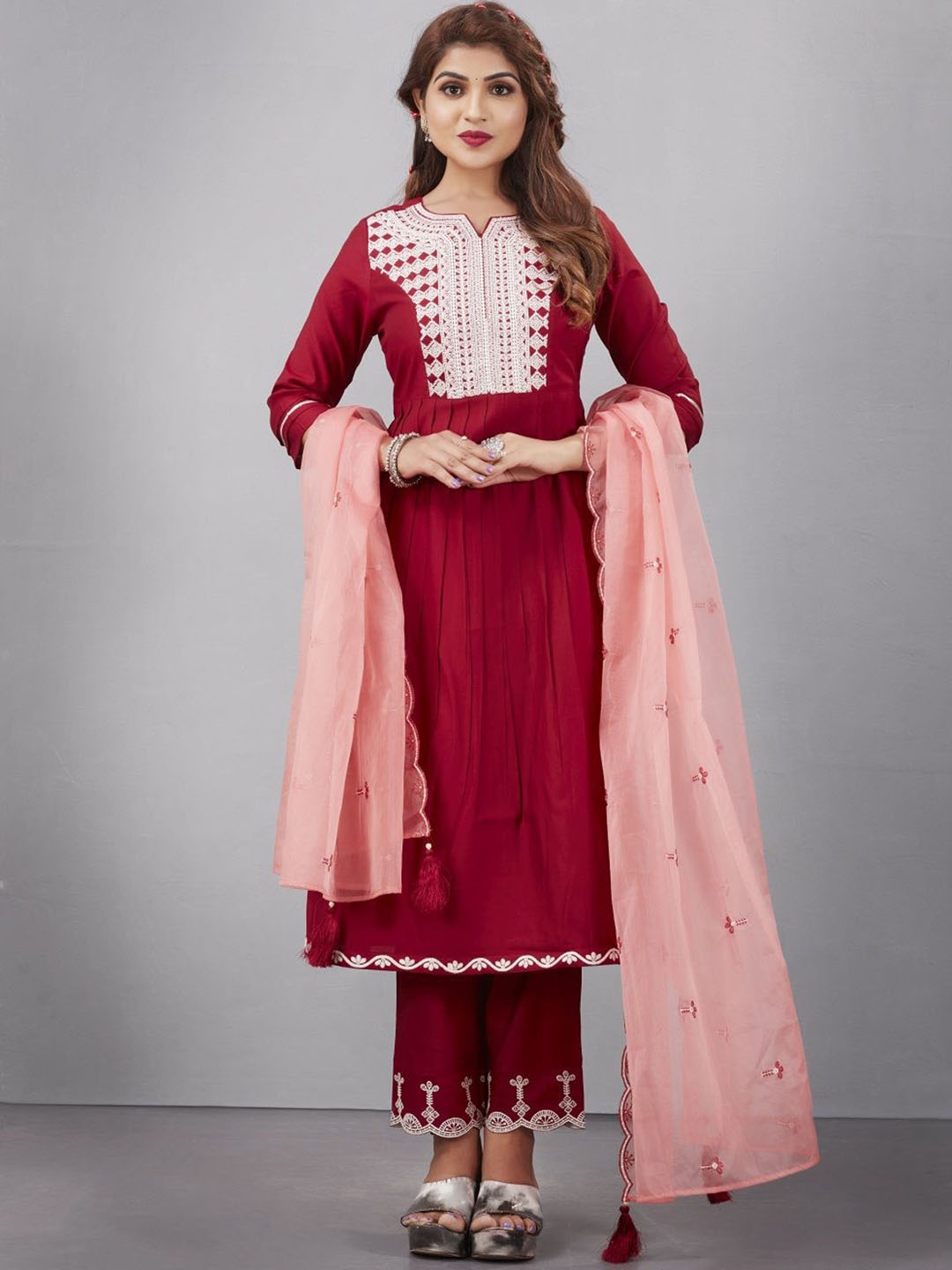 

JIVORA Floral Embroidered Pure Silk Straight Kurta with Trousers & Dupatta, Red