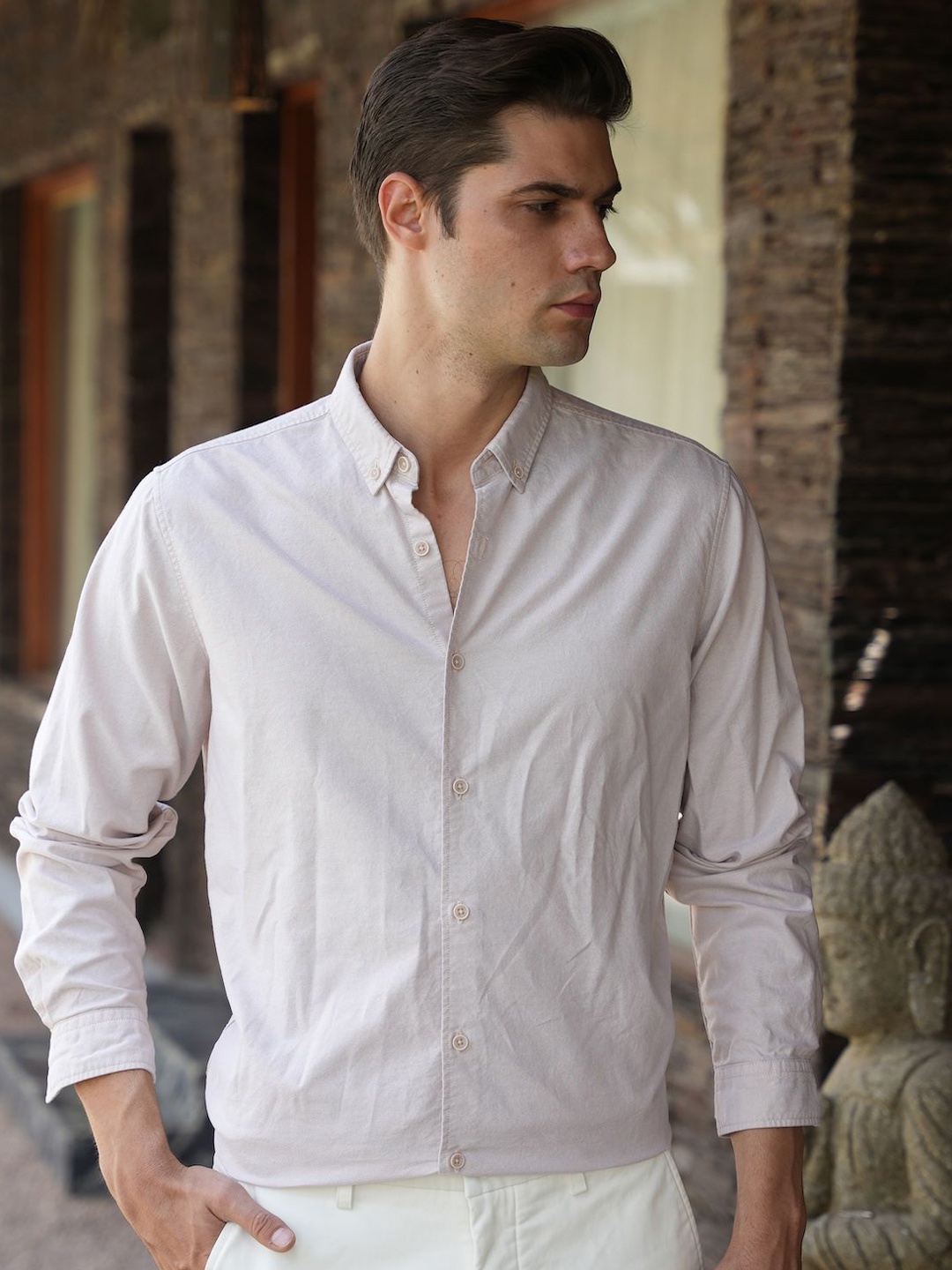 

POE Men Smart Slim Fit Opaque Striped Casual Shirt, Beige