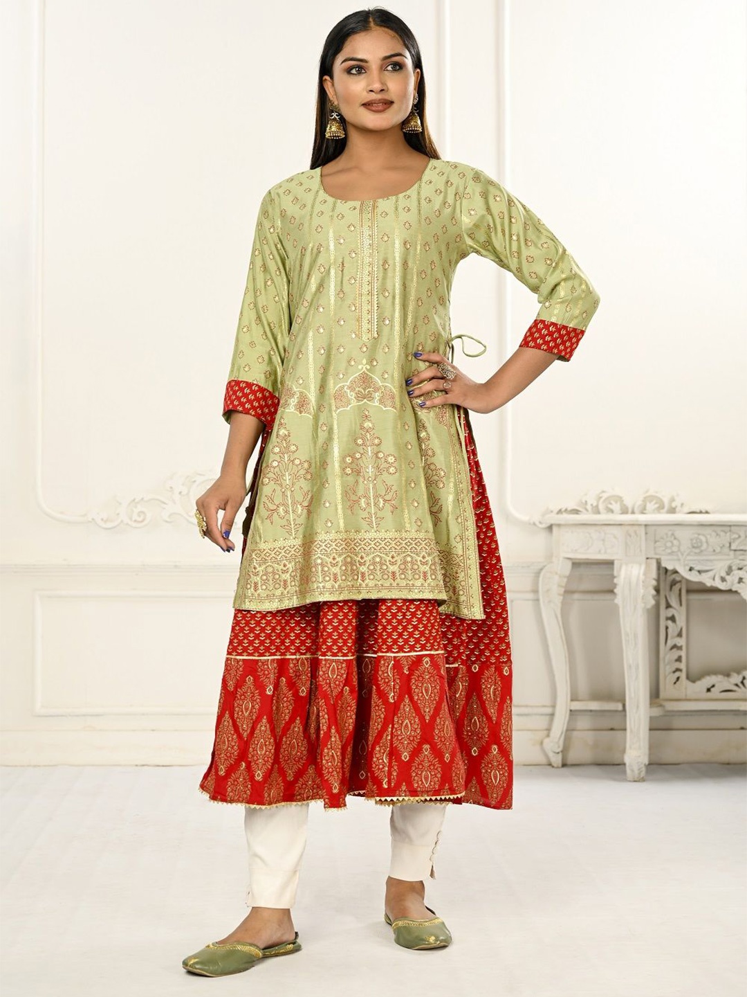 

JIVORA Ethnic Motifs Printed A-Line Kurta, Green