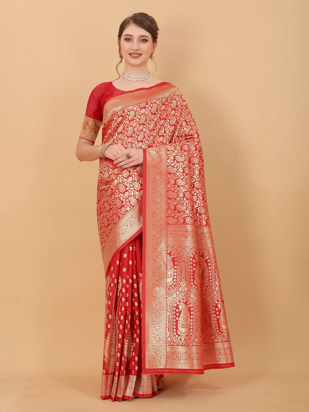 

Zeekha Woven Design Zari Pure Silk Kanjeevaram Saree, Red