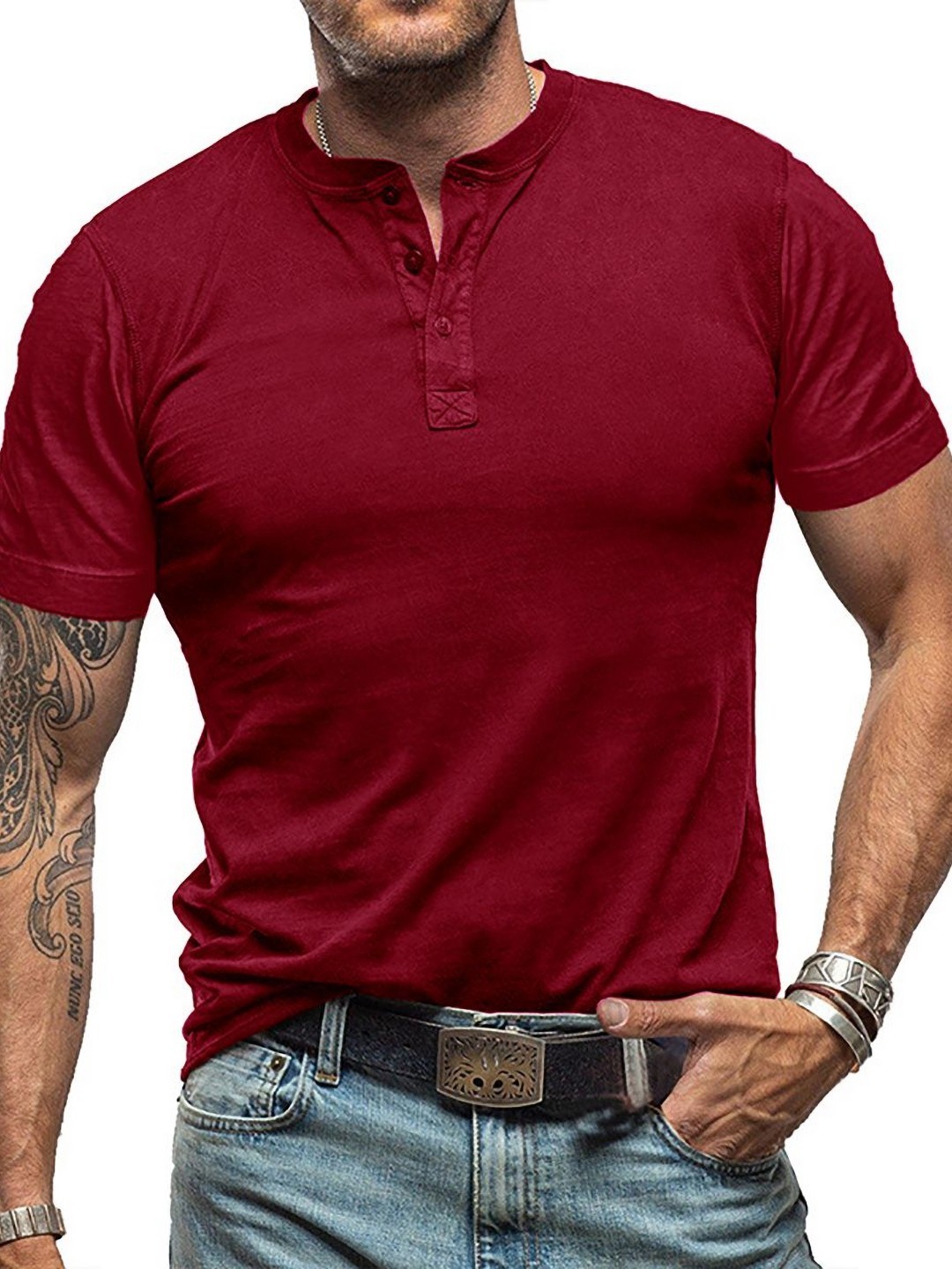 

StyleCast x Revolte Men Solid Henley Neck Cotton T-shirt, Maroon