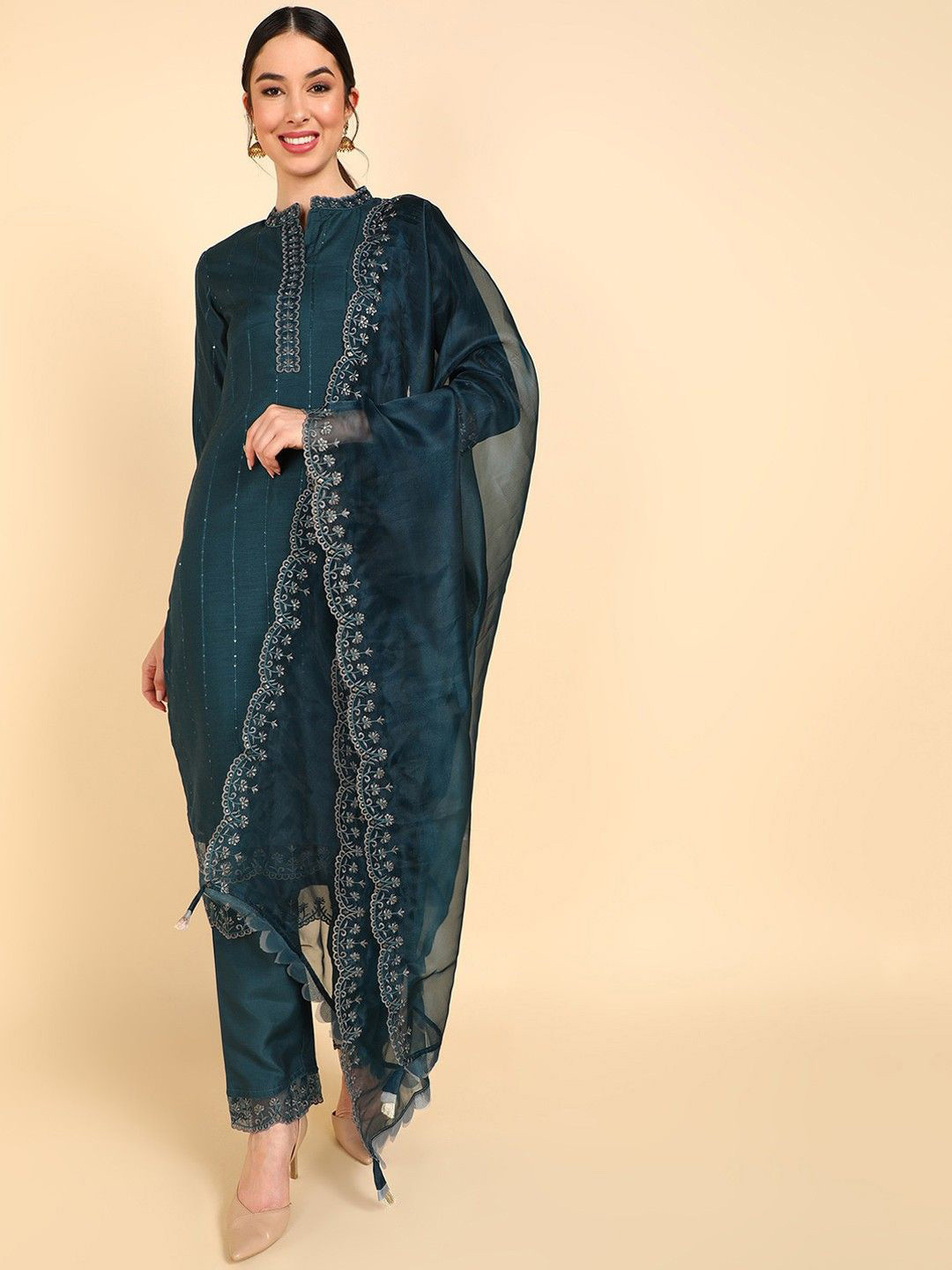 

KALINI Women Ethnic Motifs Embroidered Regular Thread Work Kurta with Trousers & With Dupatta, Teal