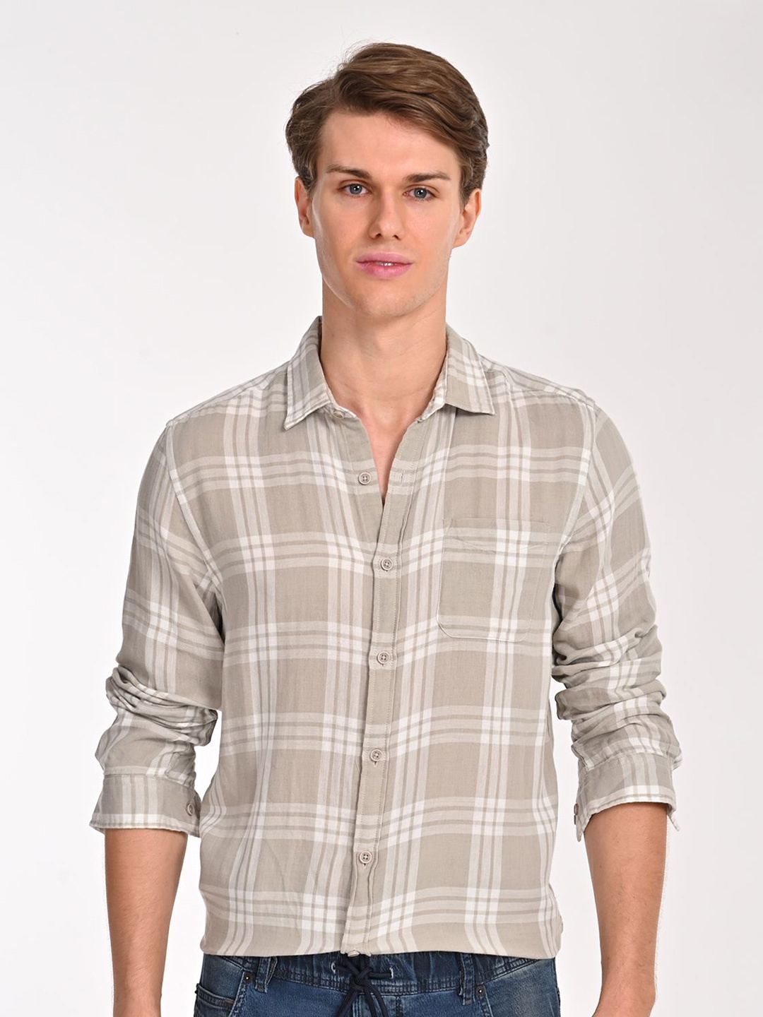 

POE Men Smart Slim Fit Tartan Checks Opaque Checked Casual Shirt, Grey