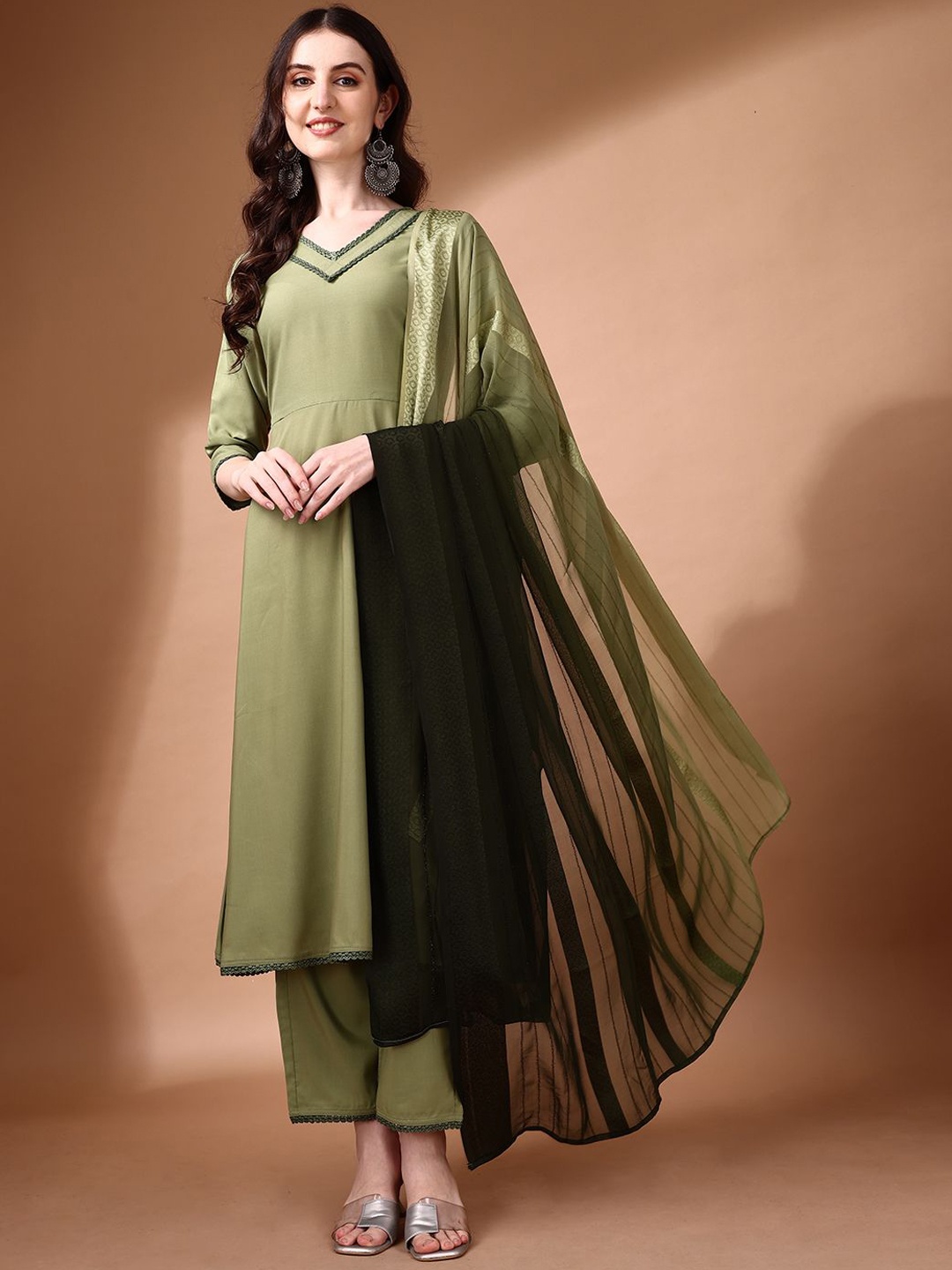 

KALINI V Neck A-Line Kurta With Palazzos & With Dupatta, Green