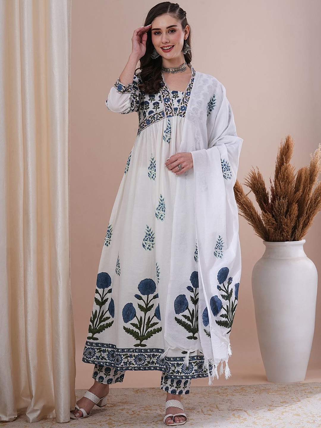 

FASHOR White Floral Printed V-Neck Mirror Work A-Line Kurta with Trousers & Dupatta