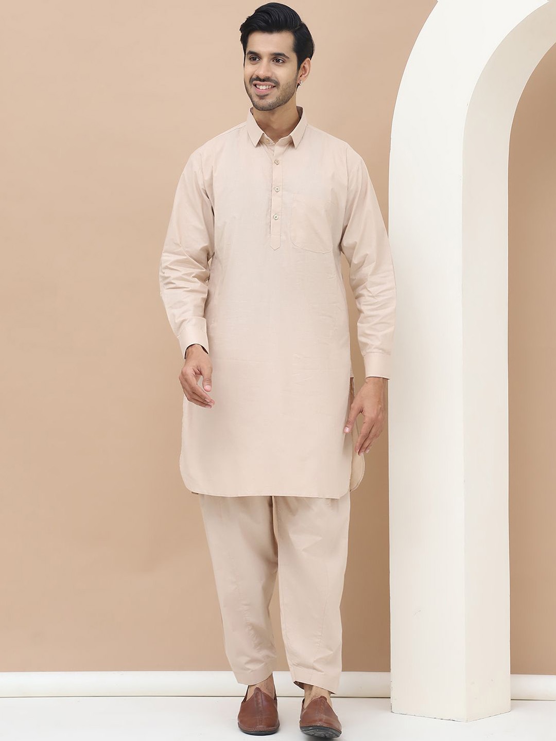 

TAG 7 Shirt Collar Regular Pure Cotton Pathani Kurta With Salwar, Cream