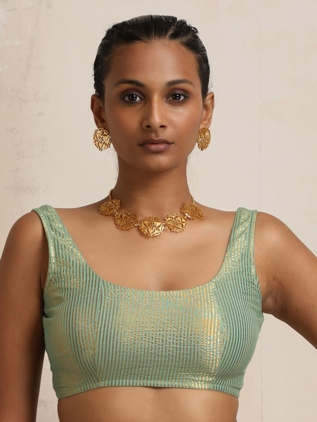 

trueBrowns Striped Cotton Sleeveless Saree Blouse, Green