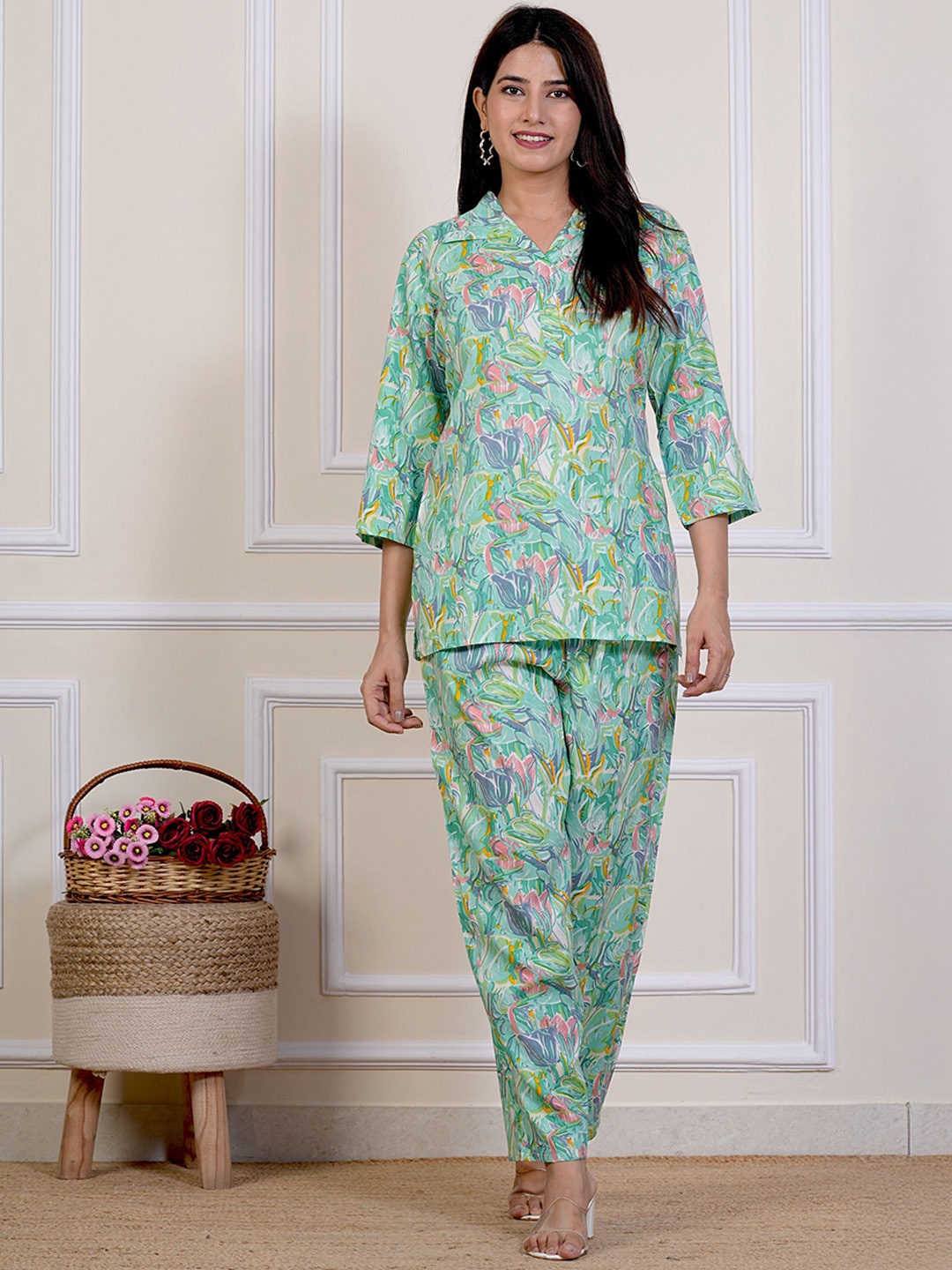 

Moktika Floral Printed Pure Cotton Top with Trousers, Green