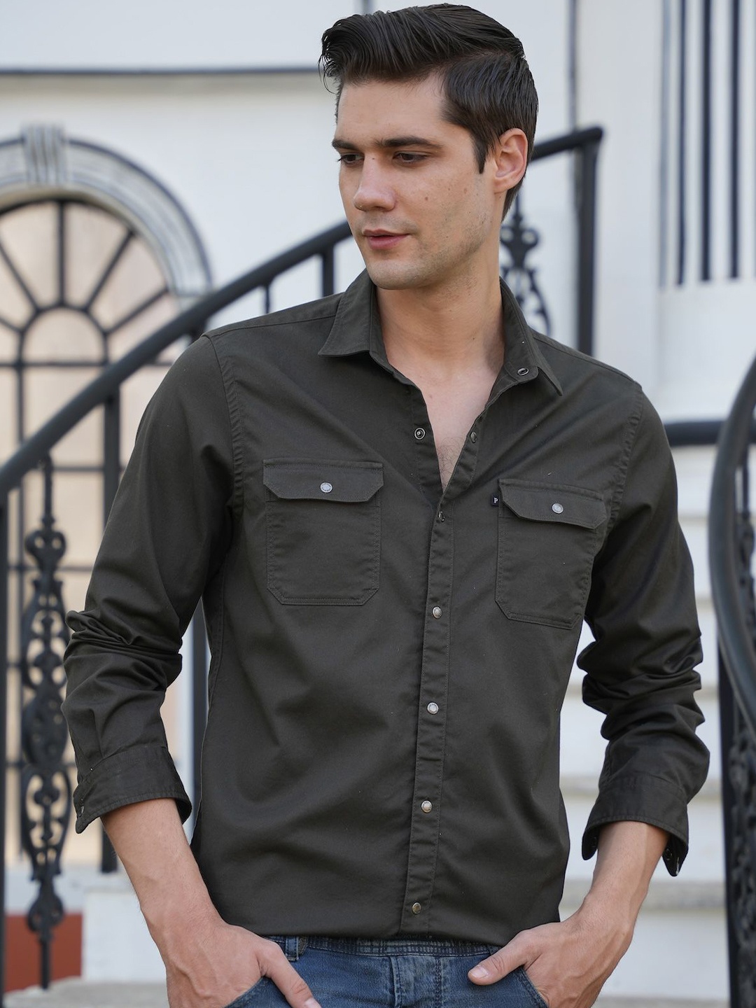 

POE Men Smart Slim Fit Opaque Casual Shirt, Olive