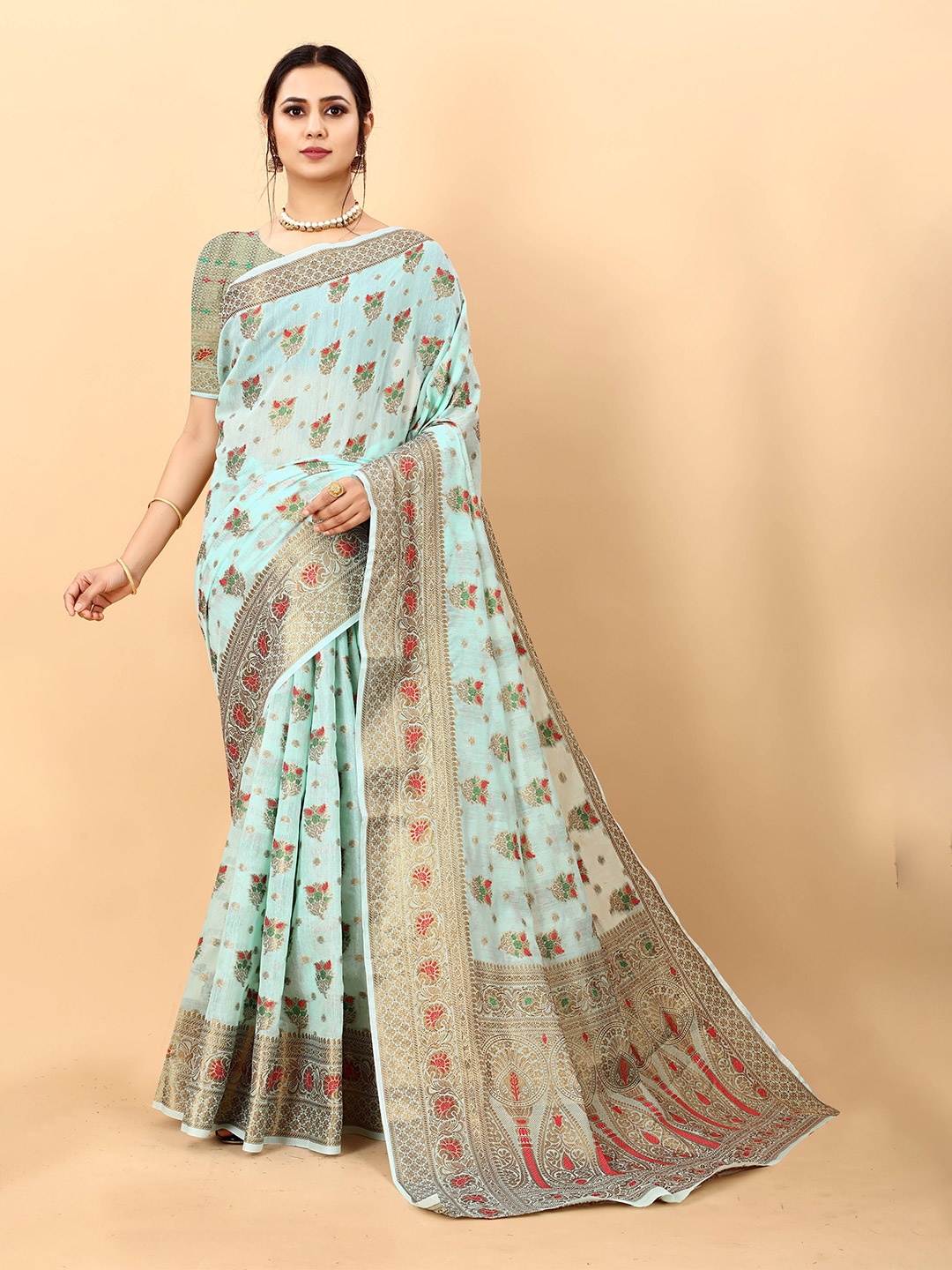 

Zeekha Woven Design Zari Pure Silk Kanjeevaram Saree, Turquoise blue