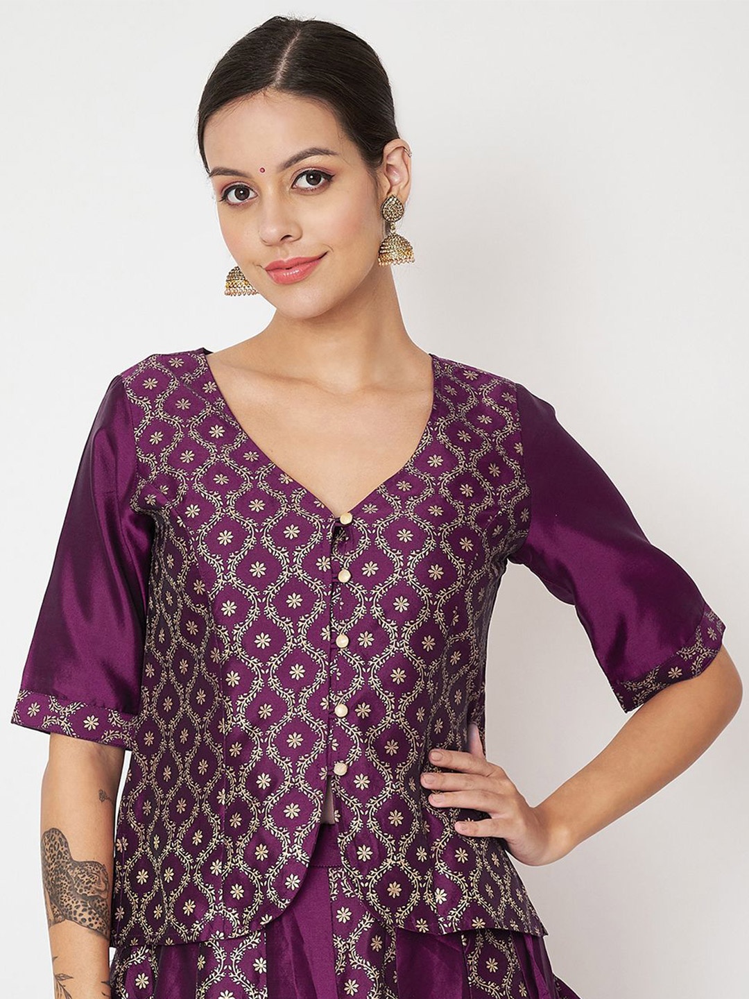 

studio rasa Women Floral Printed V-Neck Silk Blend Top, Purple