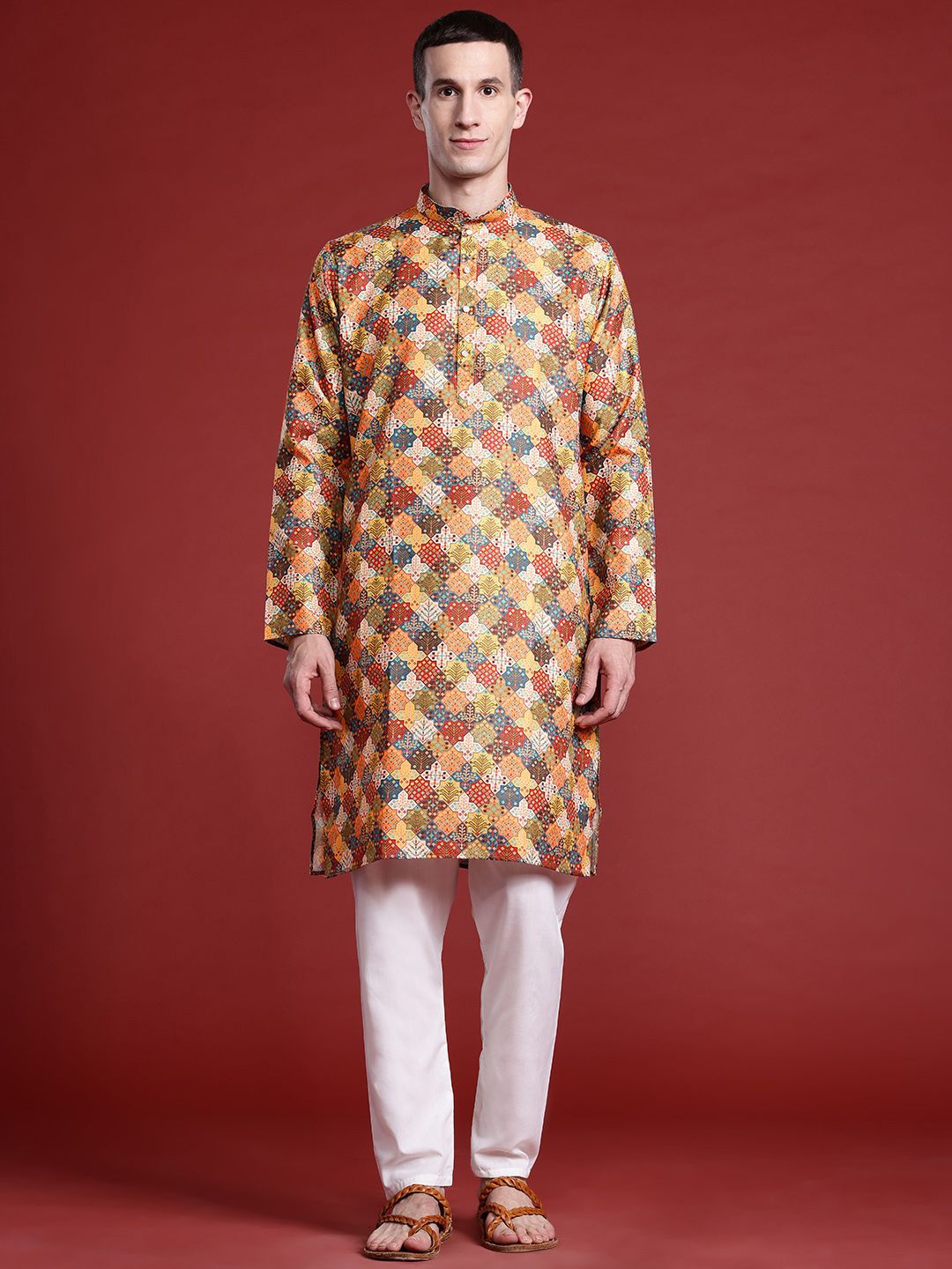 

MANQ Geometric Printed Mandarin Collar Pure Cotton Straight Kurta, Yellow