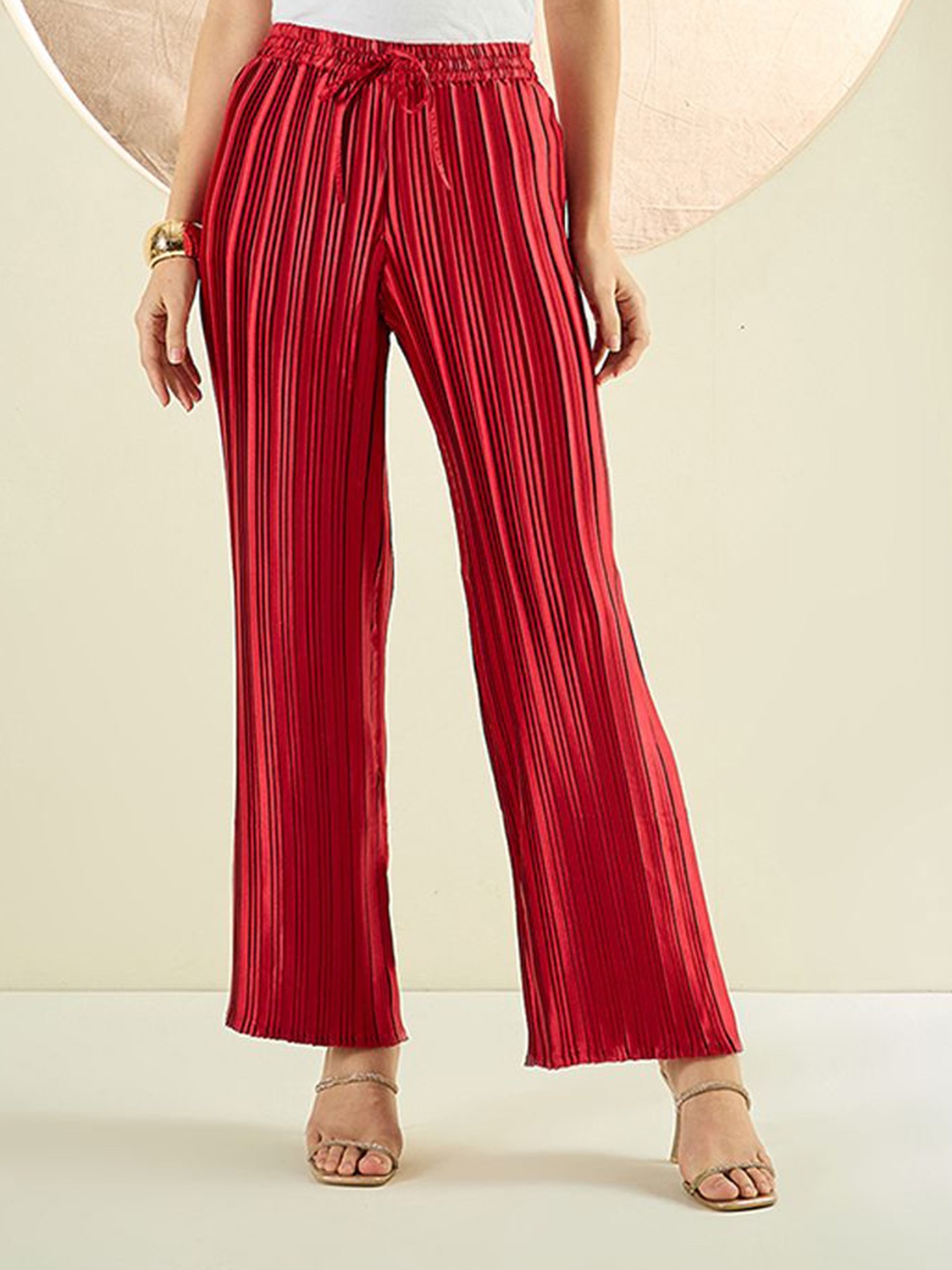 

First Resort by Ramola Bachchan Women Striped Flared Palazzos, Red