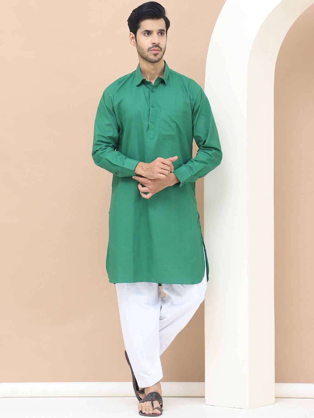 

TAG 7 Shirt Collar Cuffed Sleeves Pure Cotton Pathani Kurta With Salwar, Green