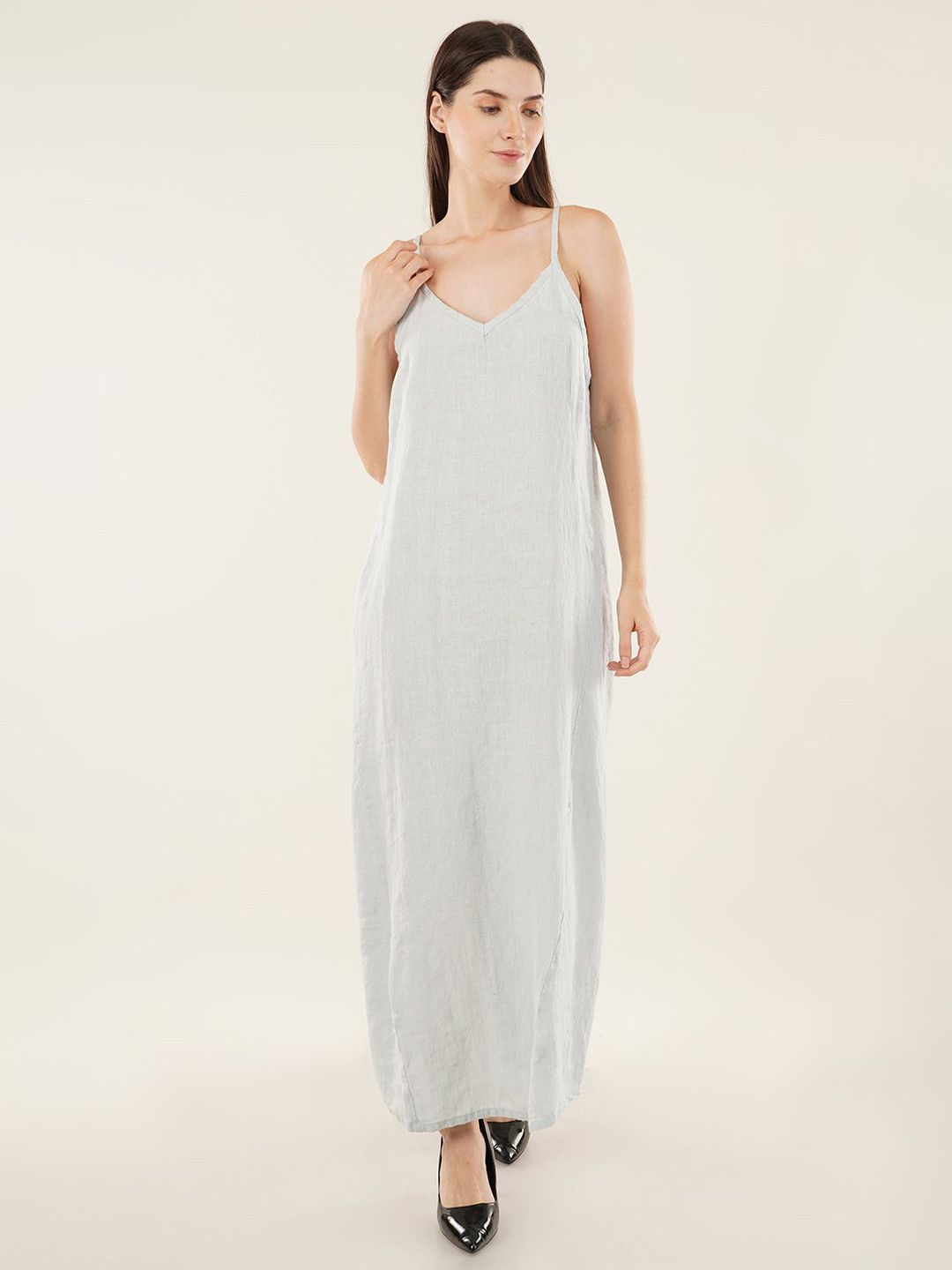 

Linen Options Women Solid Shoulder Straps Linen Maxi Dress, Blue