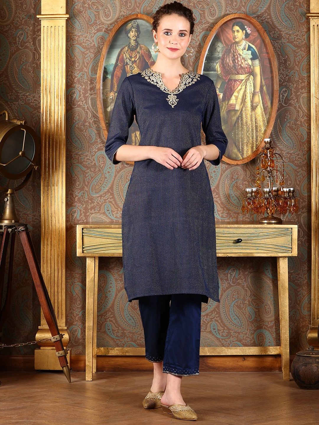 

W Women Ethnic Motifs Embroidered Flared Sleeves Sequinned Kurta, Blue